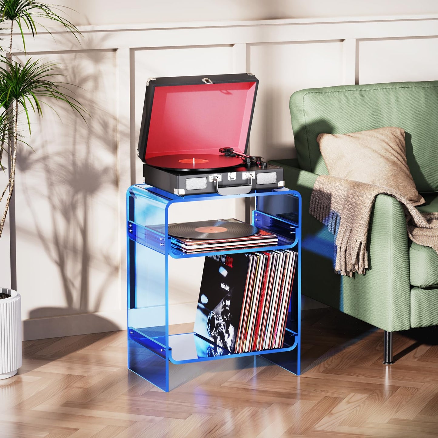 Dewrhiixe Acrylic Record Player Table with Storage Shelf, Clear Side Table, Nightstand (Blue, 45×30×58 cm, Acrylic)