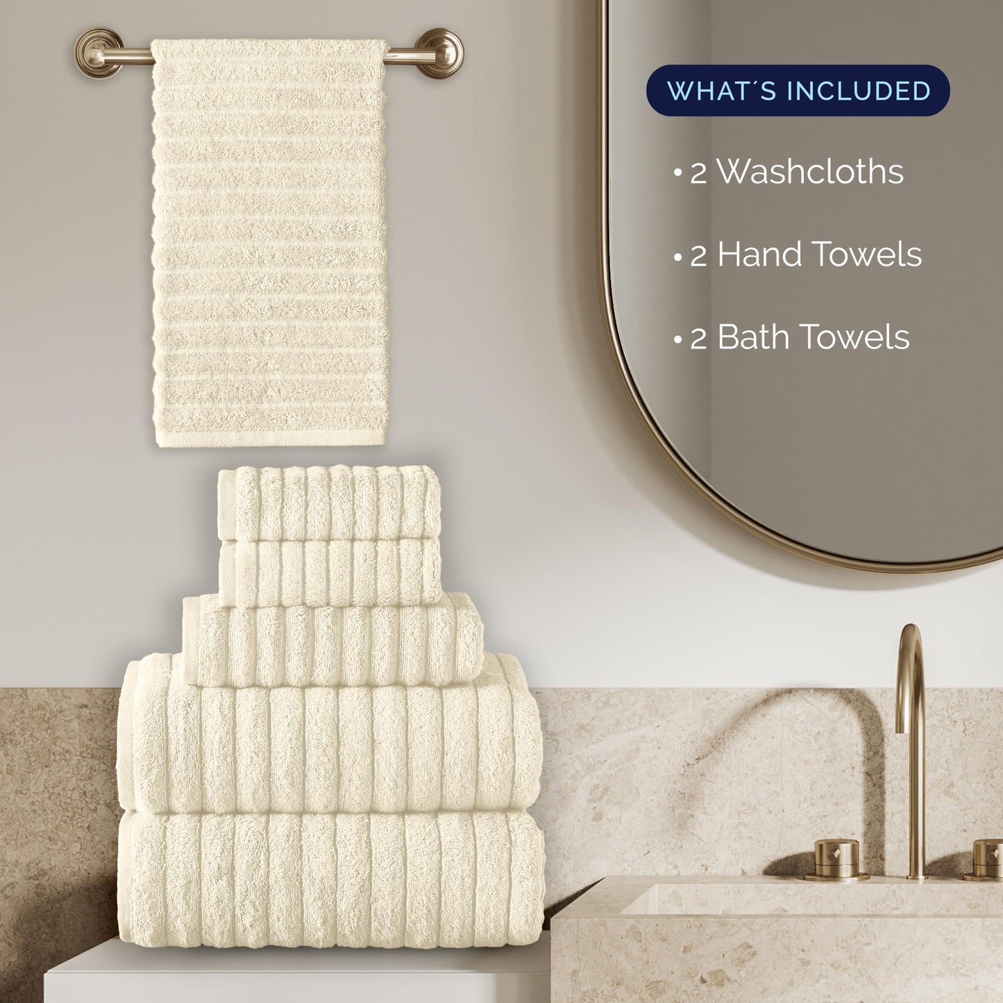 Elegant Comfort 100% Turkish Cotton Corduroy Ribbed Luxury Bath Towels 6-Piece Set, Premium Feel - Quick Dry, Highly Absorbent