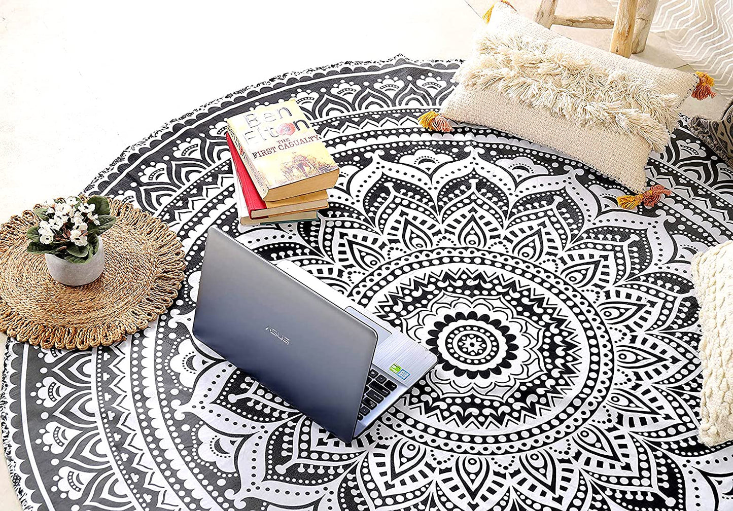 raajsee Grey Black Round Beach Tapestry Hippie/Boho Beach Blanket Mandala/Indian Cotton Throw