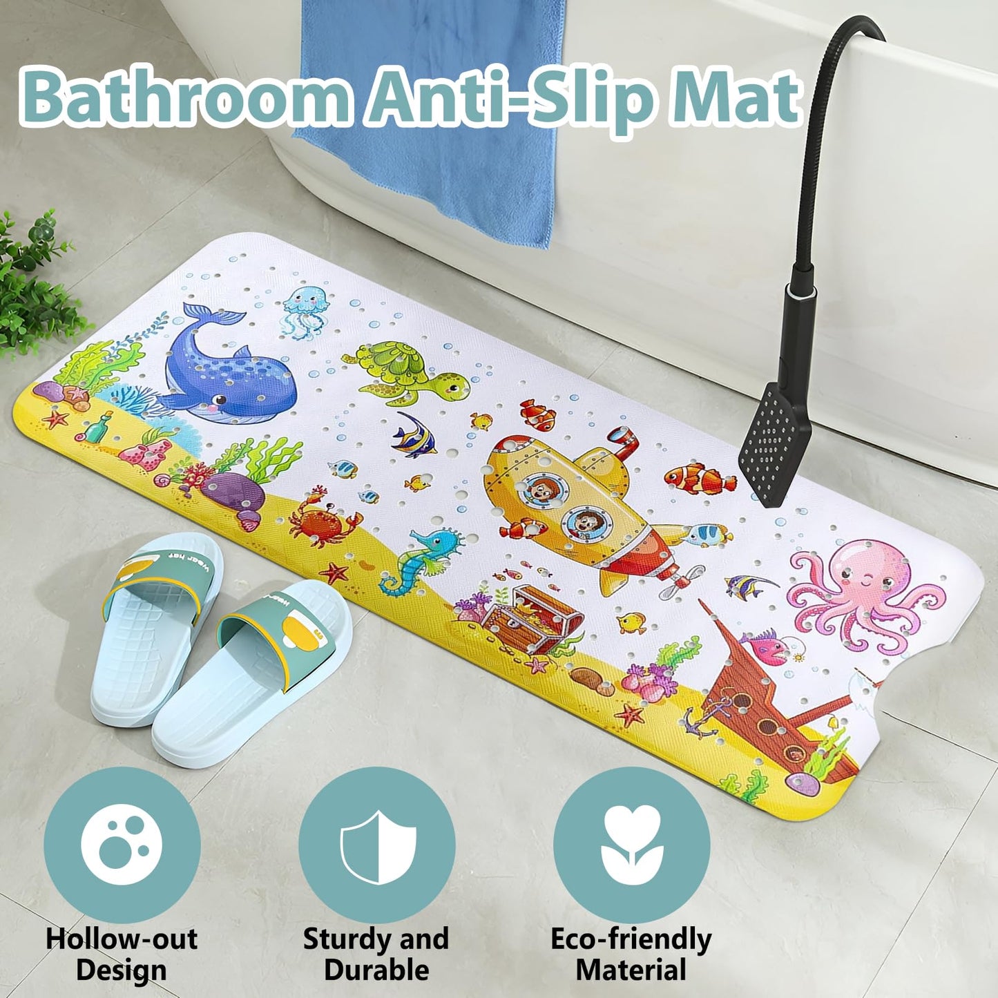 HESUSLA Bath mat non slip anti mould 100x40 cm highly absorbent quick drying bathroom pad with drainage holesAnti slip bathtub pad anti slip bath mat