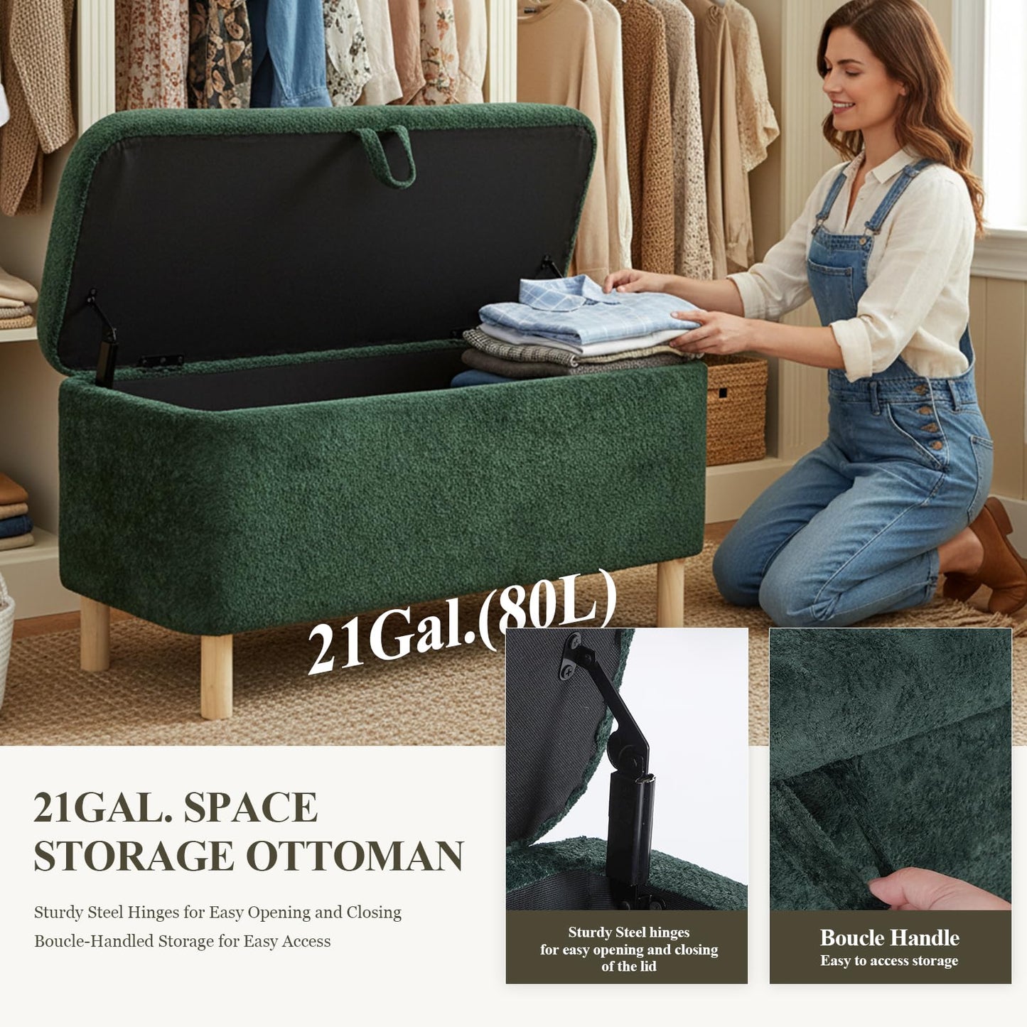 COLAMY Large Ottoman Storage Box for 80L，Wooden Ottoman Storage Bench with Anti-Slip Pads and Lift-Up Lid, Foot Stool for Living Room, Bedroom