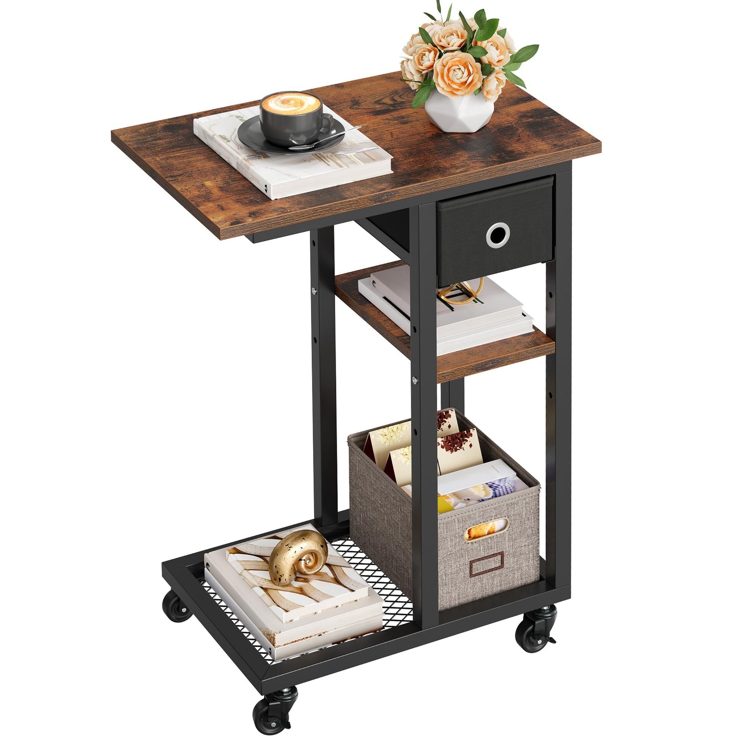 YITAHOME Bedside Table, C-Shaped Side Table with Fabric Drawer and Wheels