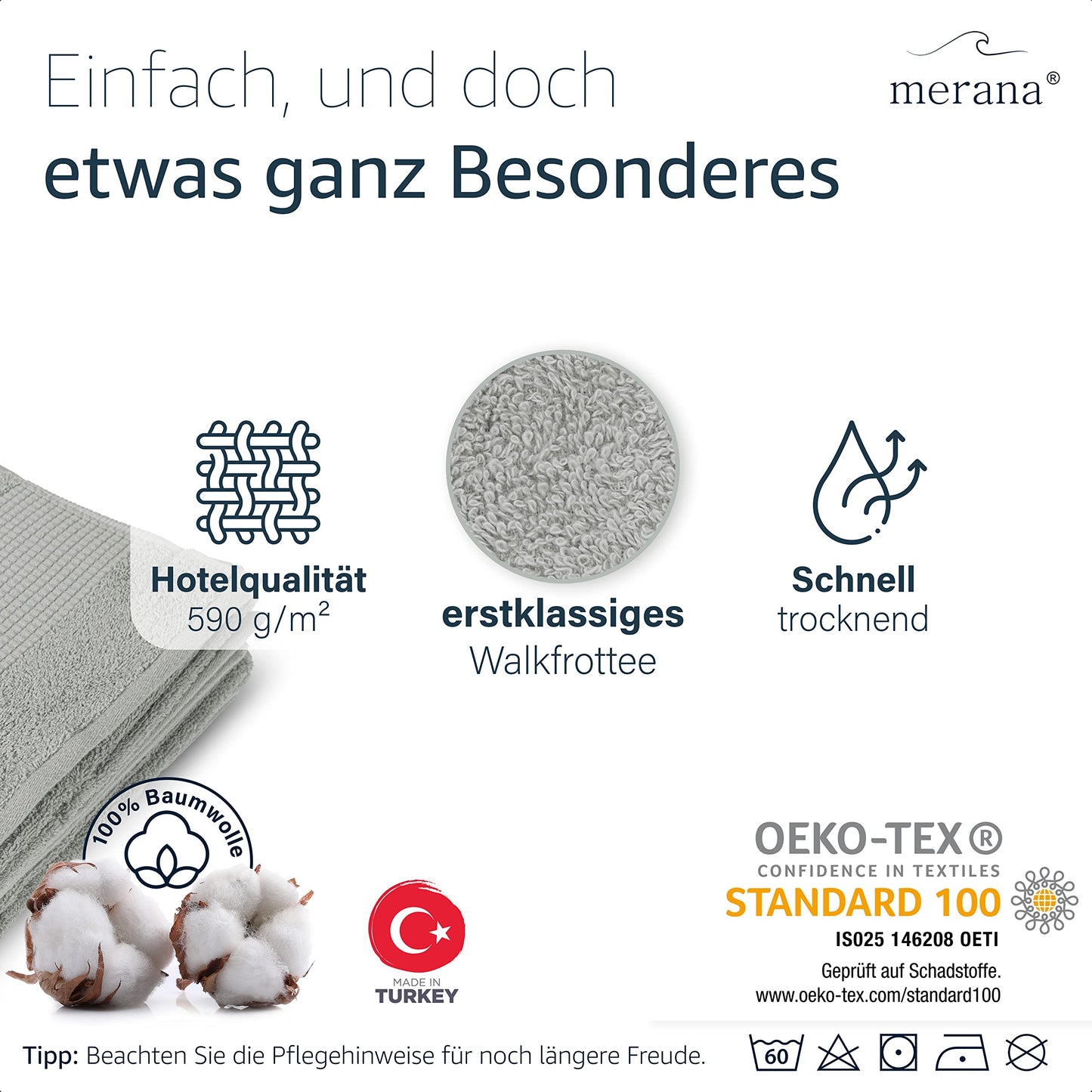 Merana Hand Towel Set, Absorbent, Soft and Lint Terry Towel Quality Made of Heavy Organic Cotton 590 GSM (Dolphin Grey, 2 x Bath Towels (70 x 140 cm)