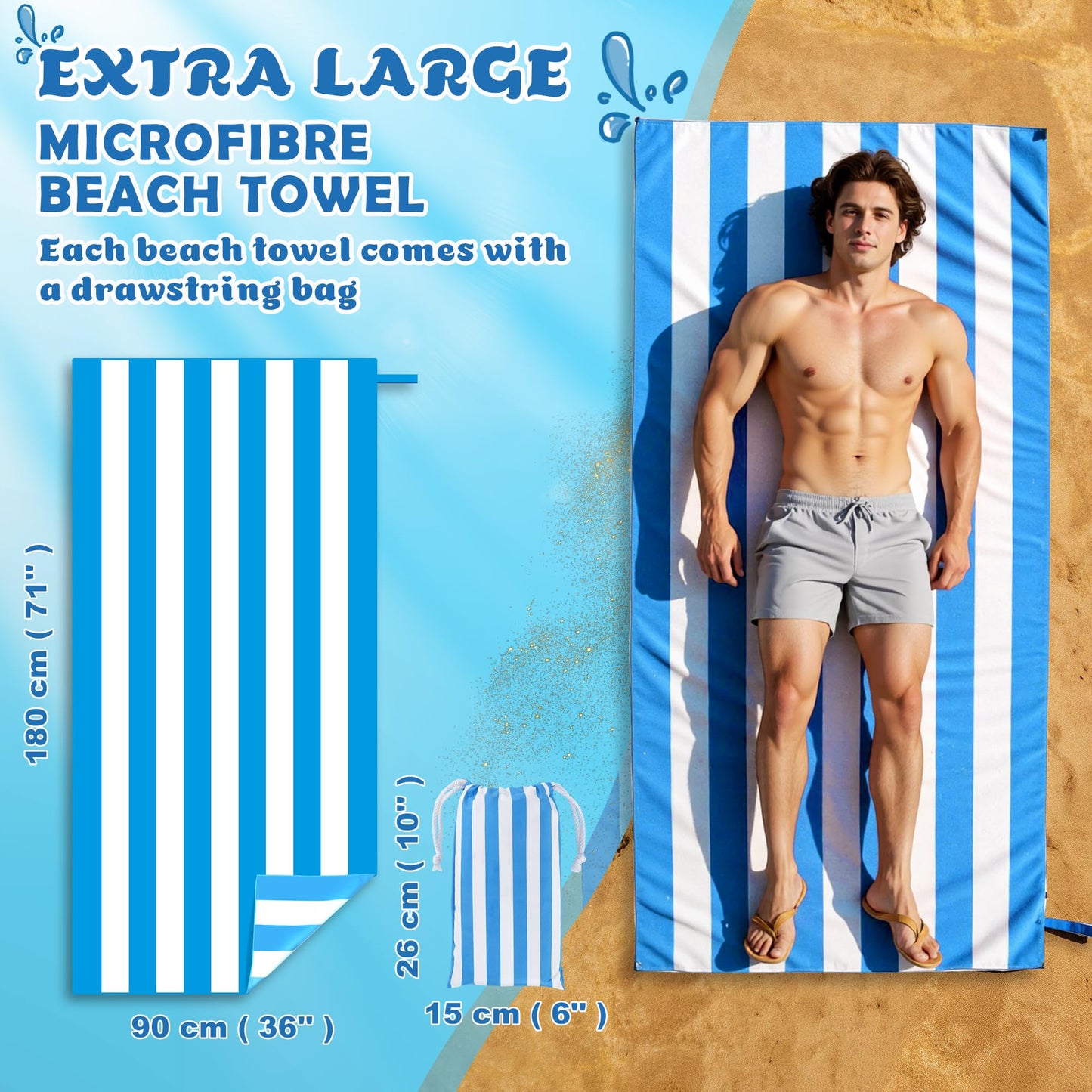 Anavasi Microfibre Beach Towels for Adults, 2 Pack 180 x 90cm 100% Recycled