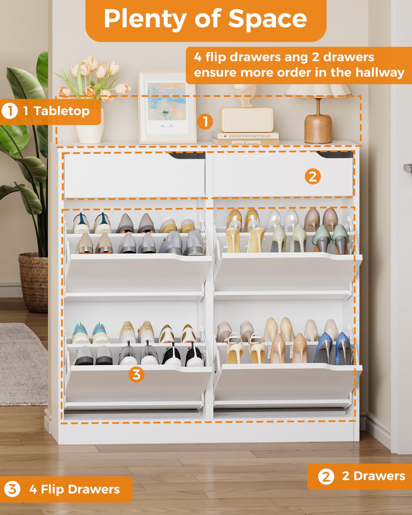 IRONCK Shoe Cabinet with 4 Flip Drawers & 2 Drawers, Freestanding Shoe Rack Cabinet, Shoes Storage Cabinet with Adjustable Shelves