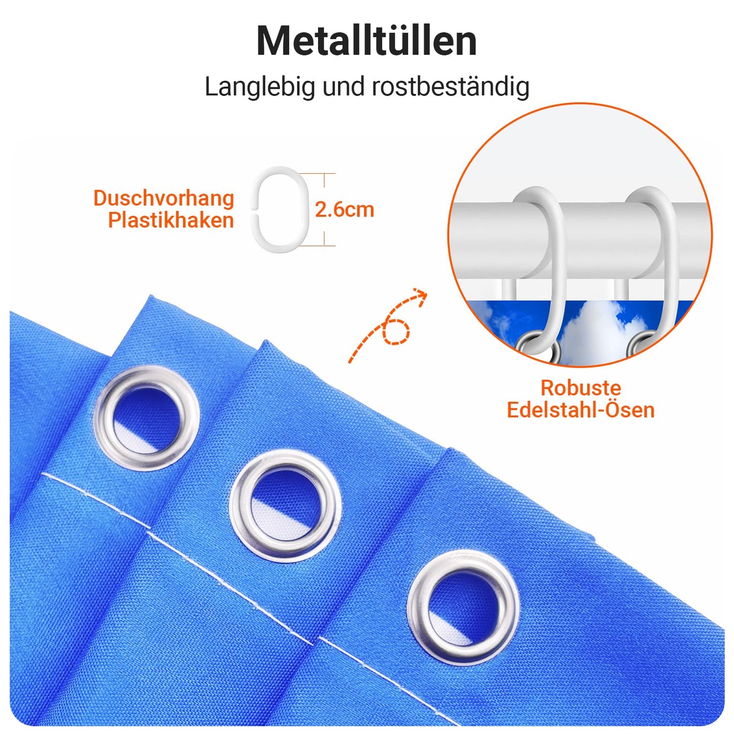 Lerores Shower Curtain, 180 x 160 cm, Sea Blue, Weighted Hem, Anti-Mould Textile, Water-Repellent