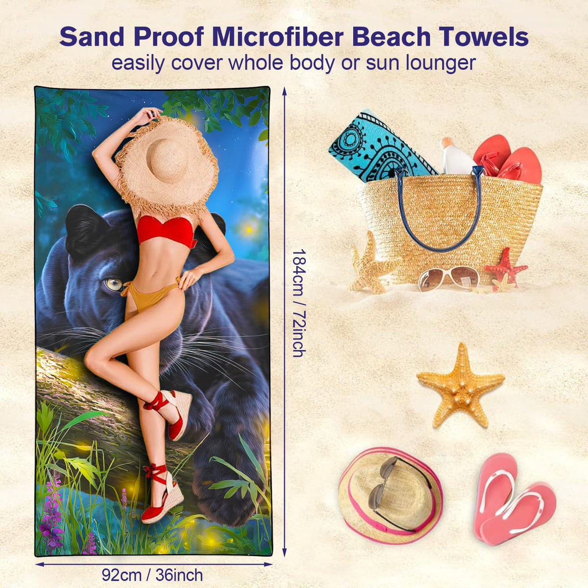 Violetpos Firefly Black Panther Beach Towel, Extra Large 180x90 cm 250GSM Microfibre, Sand Free Quick Dry