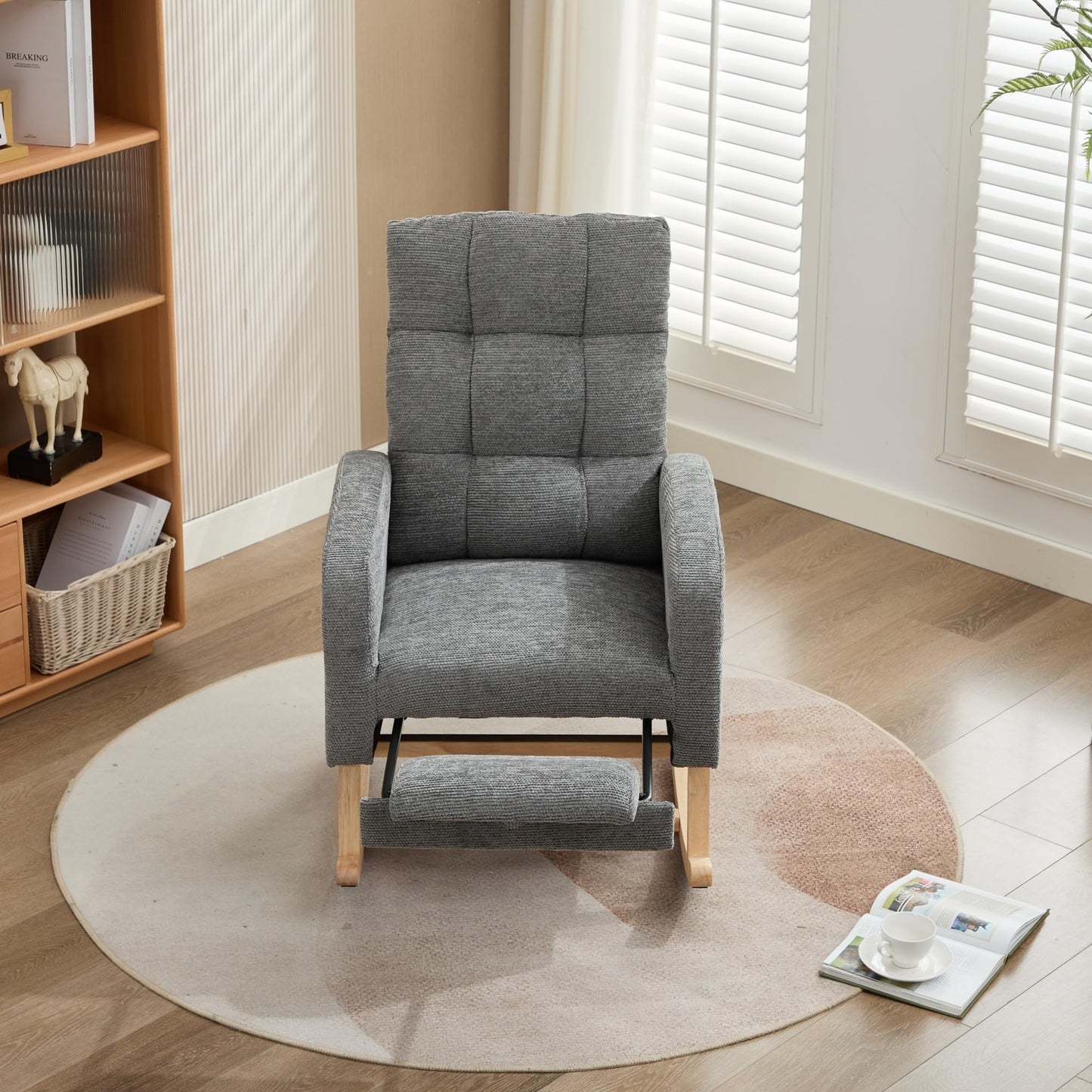 ModernLuxe Rocking Chair, Lounge Armchair,Adjustable Footrest, High Backrest,Side Pockets, Solid Wooden Legs Nursing Chair for Living Room & Bedroom