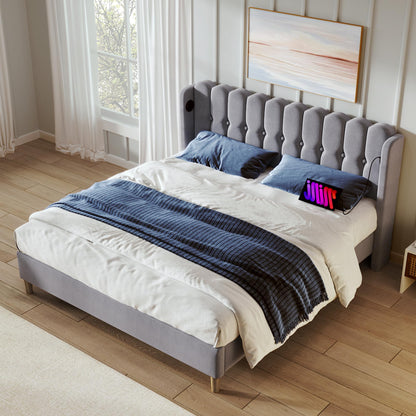 Merax 4ft6 Upholstered Double Bed Frame with USB & Type-C Charging Ports,135x190 cm Teenager Bed with Wooden Slatted Frame, Linen Material, Grey