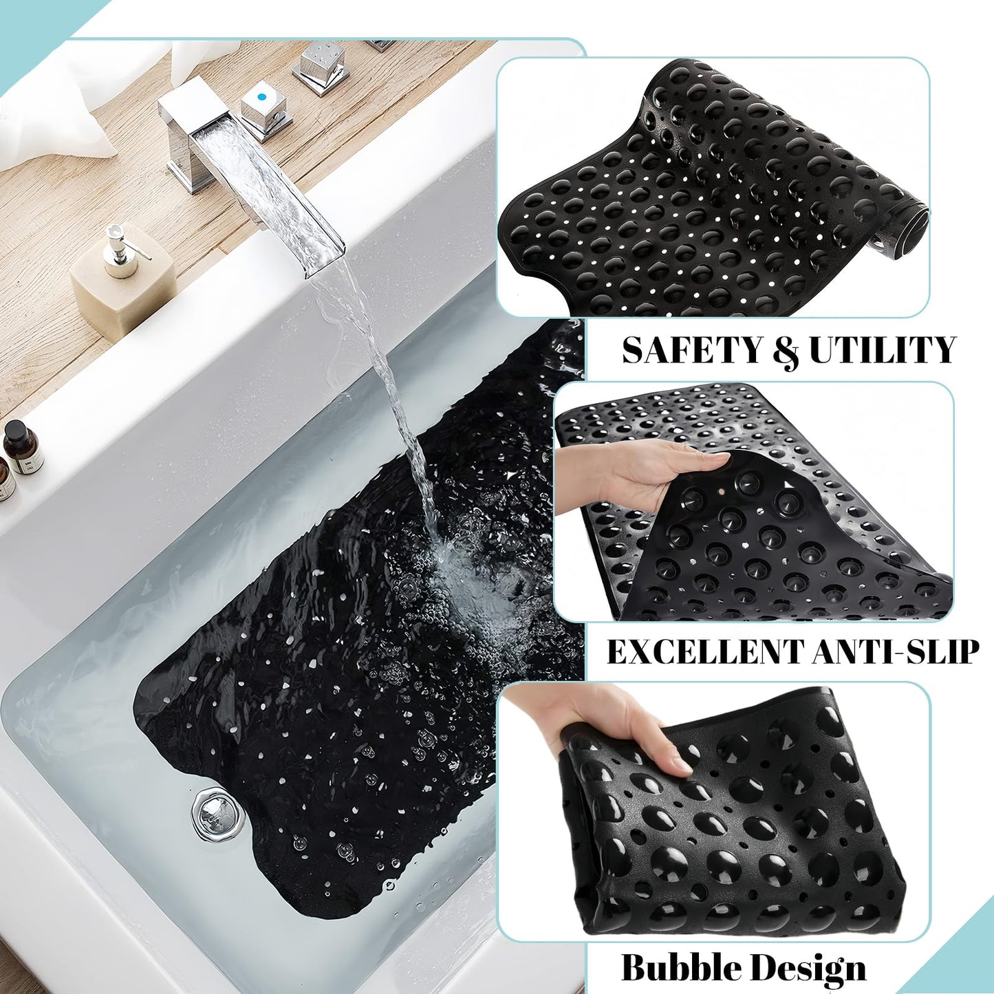 Shower Bath Mat 100x40cm,Extra Long Shower Mat Anti Mould Bath Mats Black,Non Slip Bath Mat for Tub,Shower Mats with Suction Cups,Drain Holes,Machine