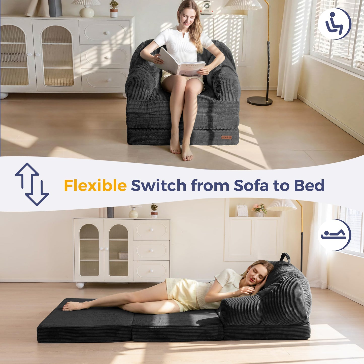 MAXYOYO Folding Sofa Bed with Backrest, Boneless Fold Out Couch Bed with Handle, 2 in 1 Convertible Bean Bag Chair to Floor Sofa Lounger