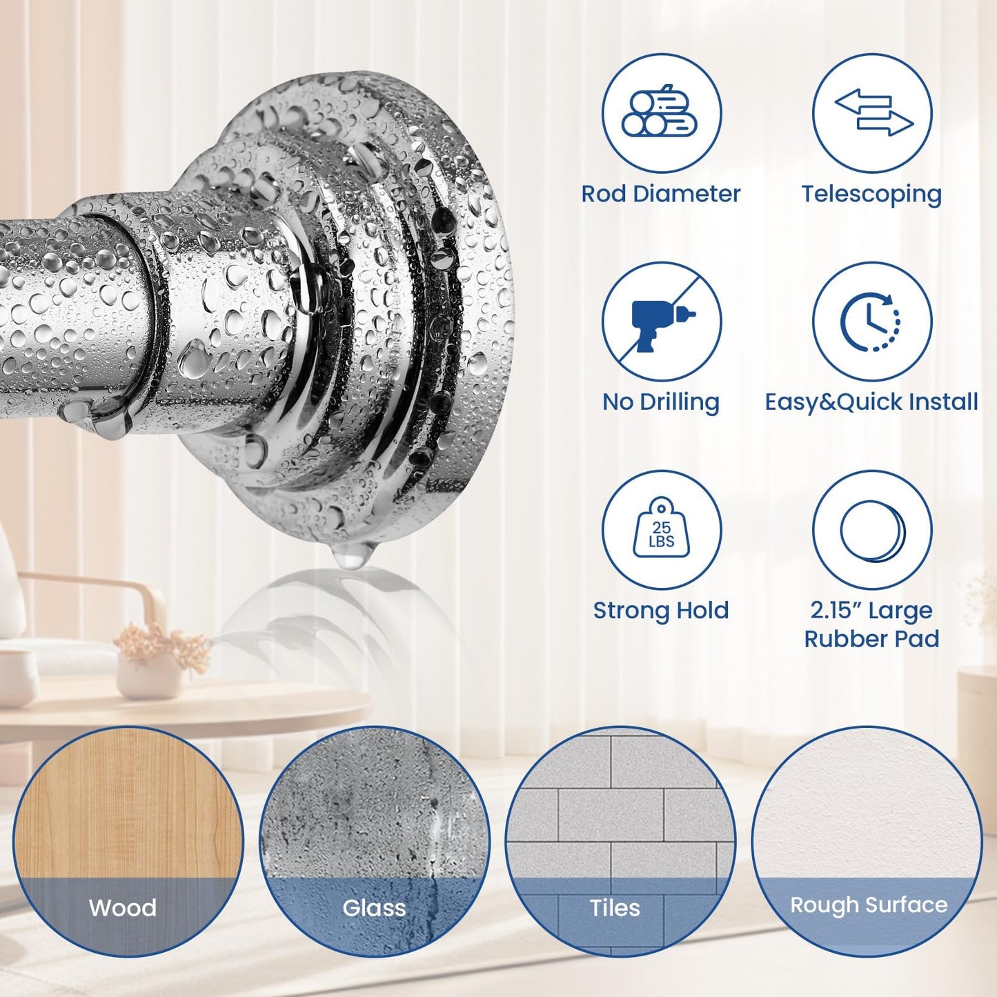 Veloxtera Extendable Shower Curtain Pole 73-132 CM, 2.5CM Tension Rods for Curtains No Drill, Never Rust, Non Slip Silver