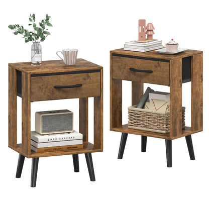 OYRREU Rustic Bedside Table Set of 2 with Drawers & Open Shelf for Bedroom