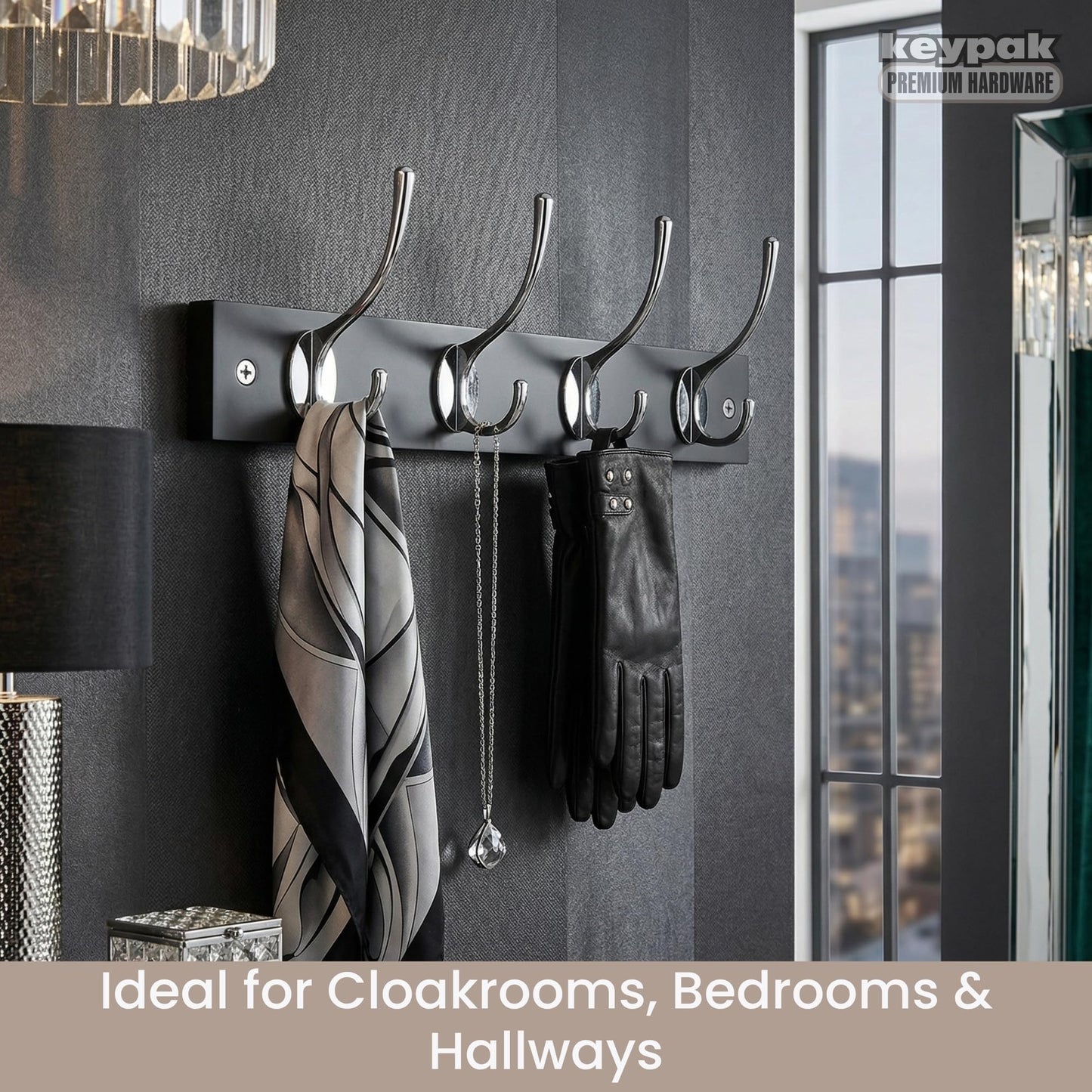 keypak Victorian Wall Mounted 4 Chrome Hooks Black Wooden Coat Rack