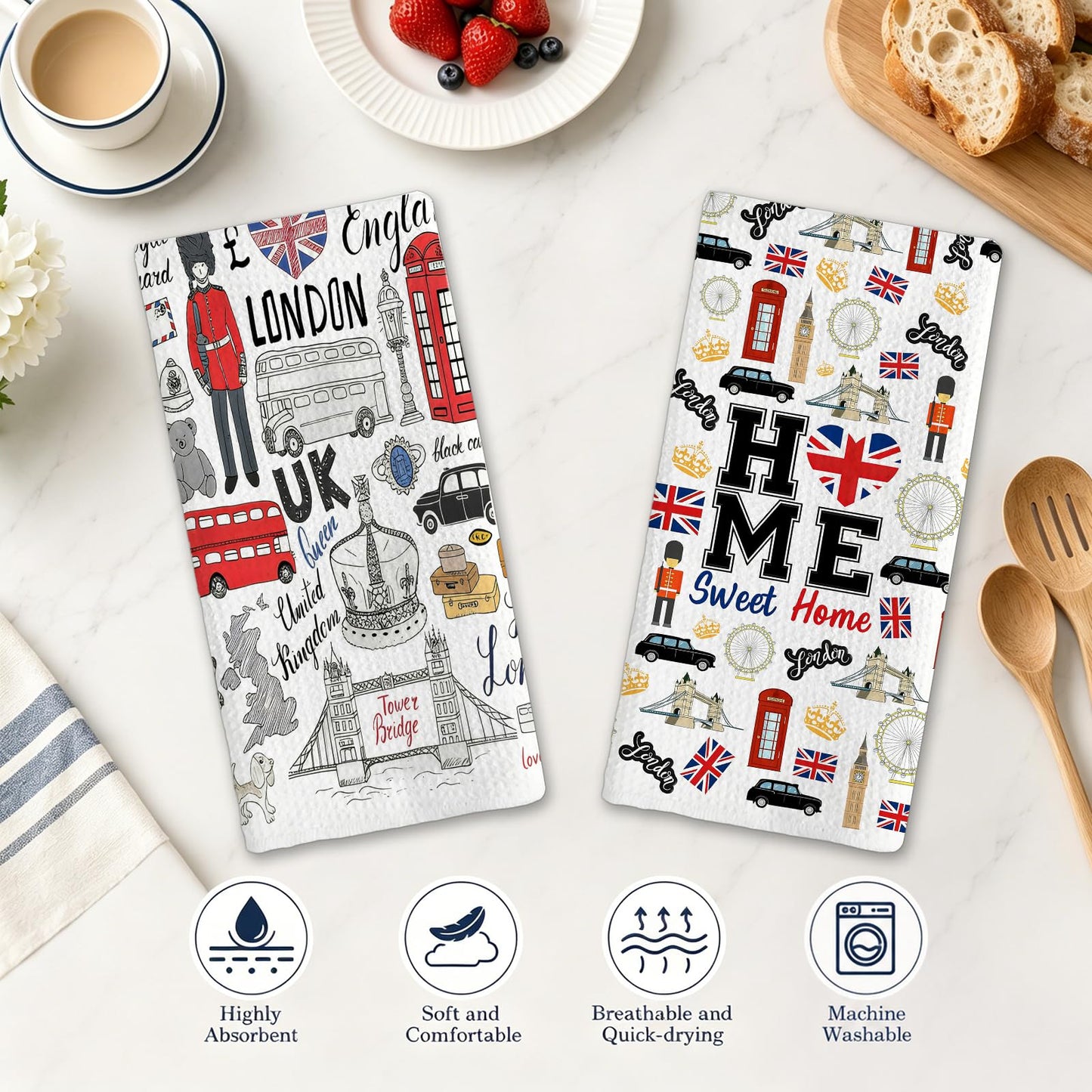Nevicor 2 Pcs London Tea Towels, Travel London Souvenirs Gifts Kitchen Towels, Absorbent Microfiber Kitchen Hand Towels with Iconic Landmark Design