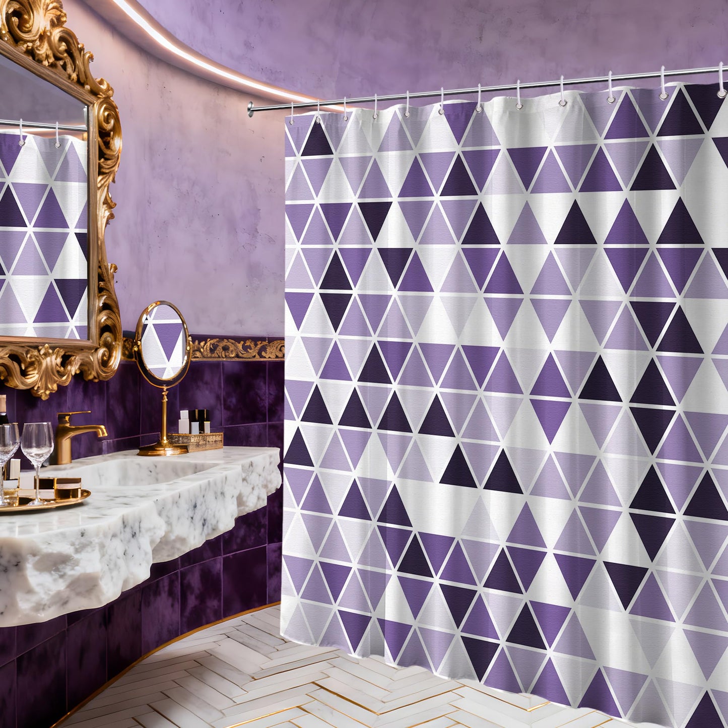 LanZanthic Purple and White Lavender Shower Curtains for Bathroom Mosaic Geometric Modern Abstract Wet Room Shower Curtain with hooks