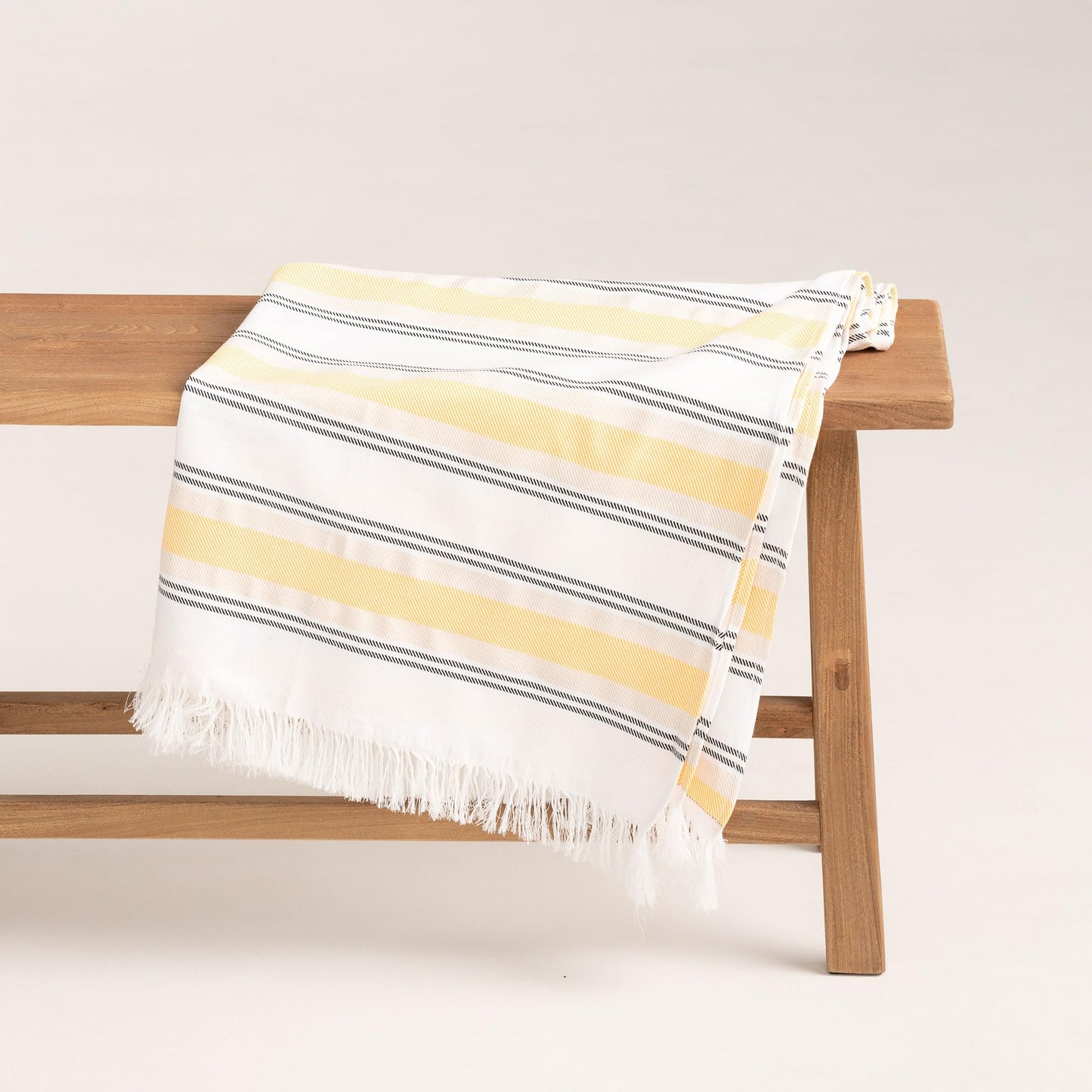 GAMUSI Rectangular Beach Towel - Bath Fouta - Tinted Yarn Embossed Fabric with Fringes - Yellow/White