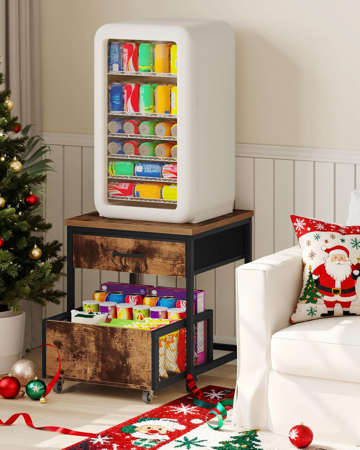 CHOEZON Mini Fridge Stand with Storage, Mini Fridge Organizer with Fabric Drawer, Beverage Refrigerator Table, with Mobile Basket Cart, for Dorm