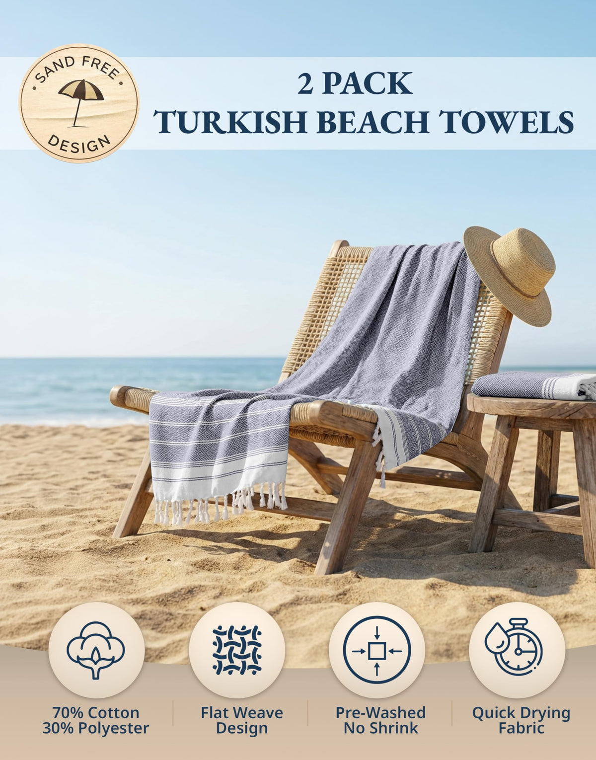LANE LINEN Beach Towel 2 Pack - Cotton Rich Beach Towels Oversized, Pre-Washed Large Beach Towels, Sandless Beach Towel, Quick Dry Travel Towel