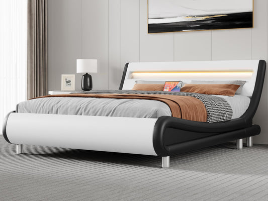 YITAHOME King Bed Frame,Upholstered Led Bed Frame with Lights & Storage Charging Station,Platform Bed Frame with Pu Leather/No Box Spring Needed,White