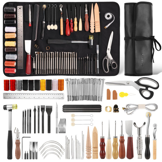 Nicpro 85PCS Leather Tooling Kit Leather Working Tools Kit with Custom Storage Bag, Adults Leather Making Craft Tools Beginner Kit for Stamping Sewing