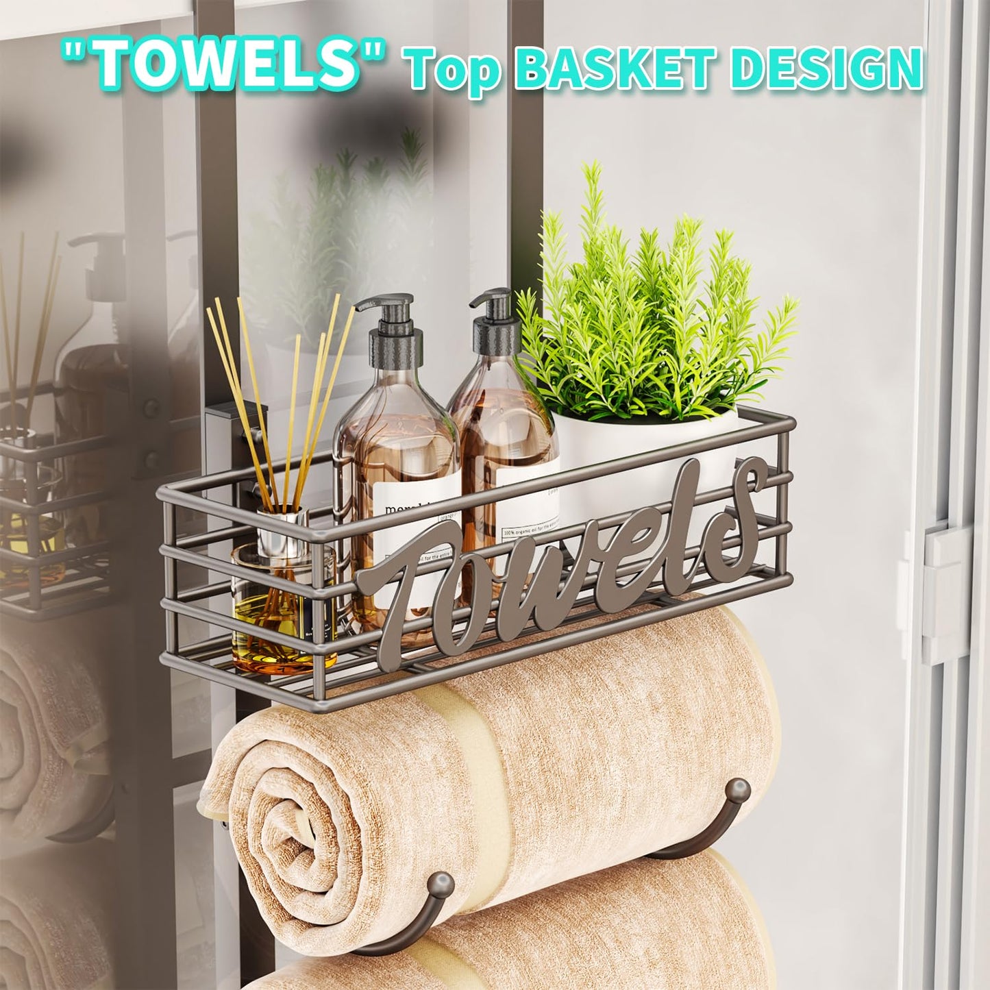 HapiRm Over Door Towel Rack - Towel Storage Rack Wall Mounted with Metal Shelf Basket