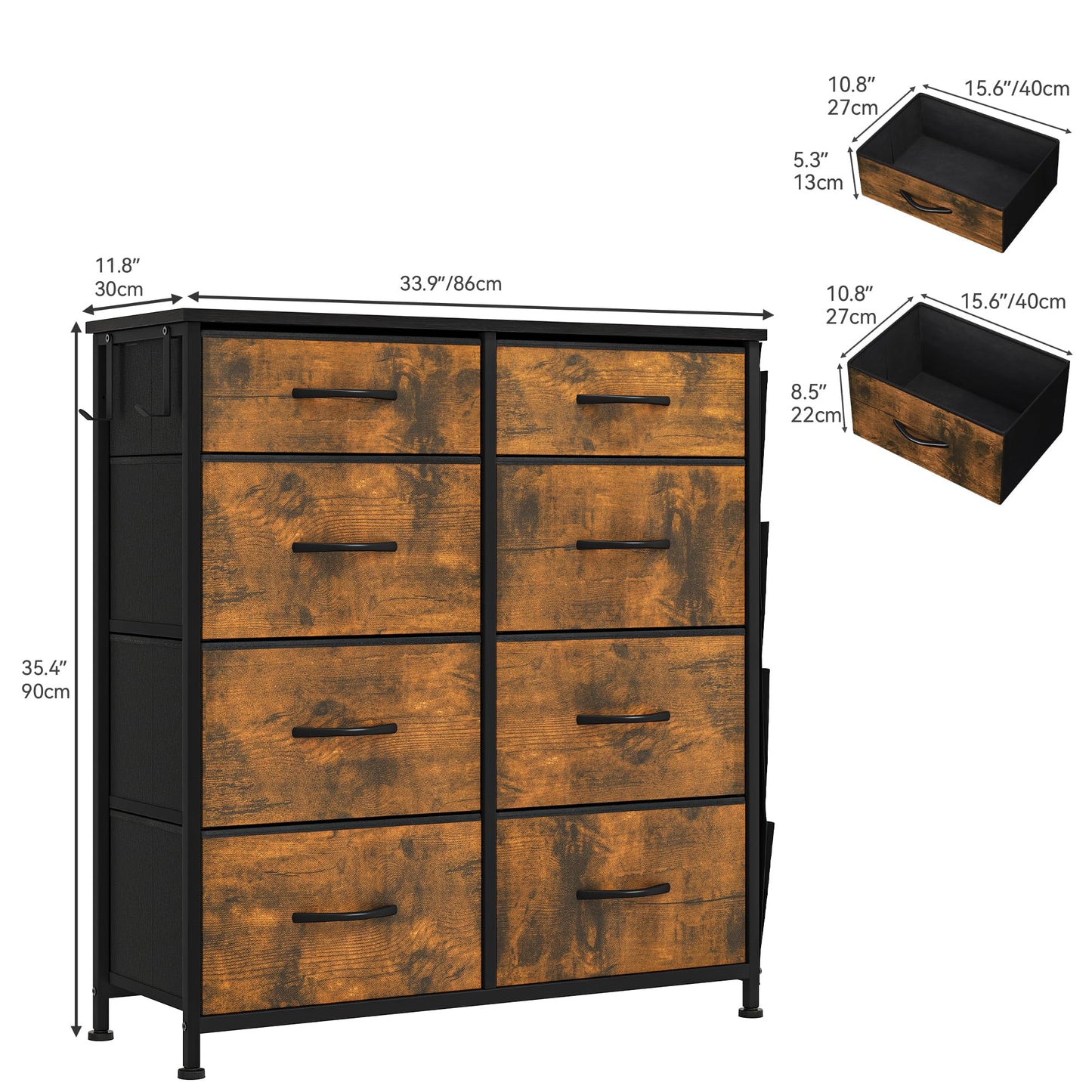 YITAHOME Chest of Drawers with 8 Drawers, Fabric Drawers with Side Pocket&Hooks,Easy Pull Handle,Sturdy Steel Frame,Storage Drawers for Bedroom