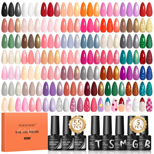 Peacecolor 60PCs Gel Nail Polish Set 55 Autumn Winter Colors Brown Pink Red Gel Polish with 5Pcs Glossy/Matte/Glitter Top Base Coat Soak Off Long