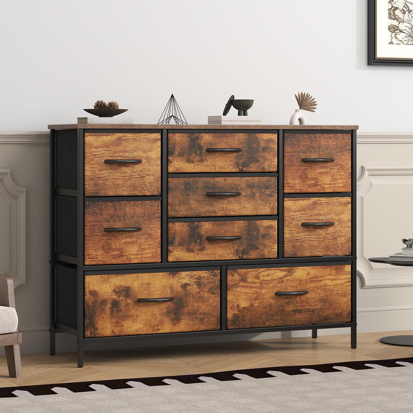Feonase Chest of Drawers,Bedroom Dresser with 9 Fabric Drawers, Metal Frame & MDF Wood Top, Adjustable Feet, Storage Organizer Unit for Bedroom
