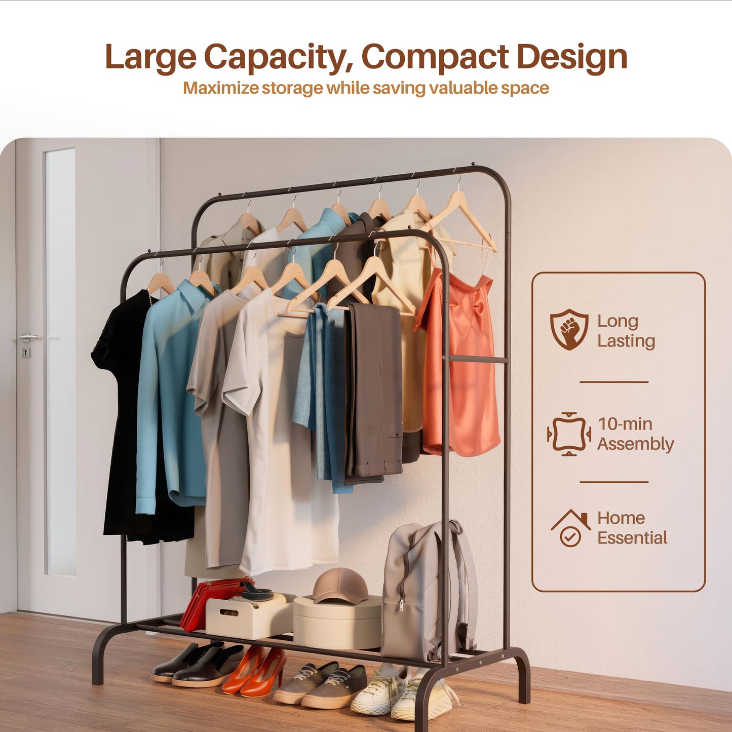 PORTENTUM Heavy Duty Steel Clothes Rack - Up to 35 kg - Double Bar Organizer and Shoe Rack - Free Standing Coat Racks with Non-Slip Feet
