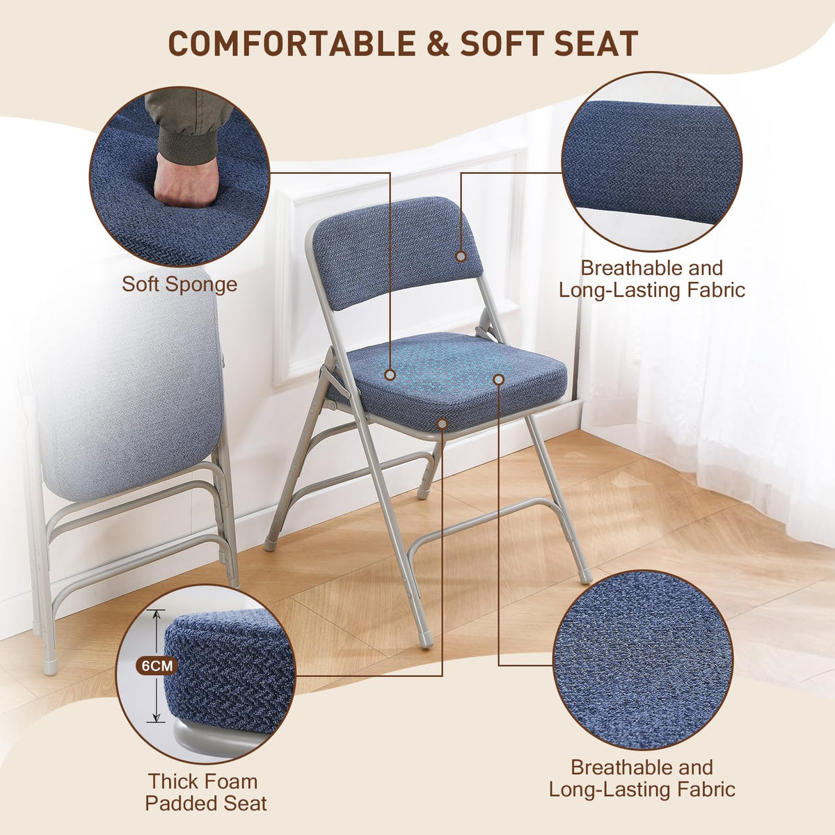 BOOSDEN Blue Padded Folding Chair with Fabric Cushion, Single Folded Chairs