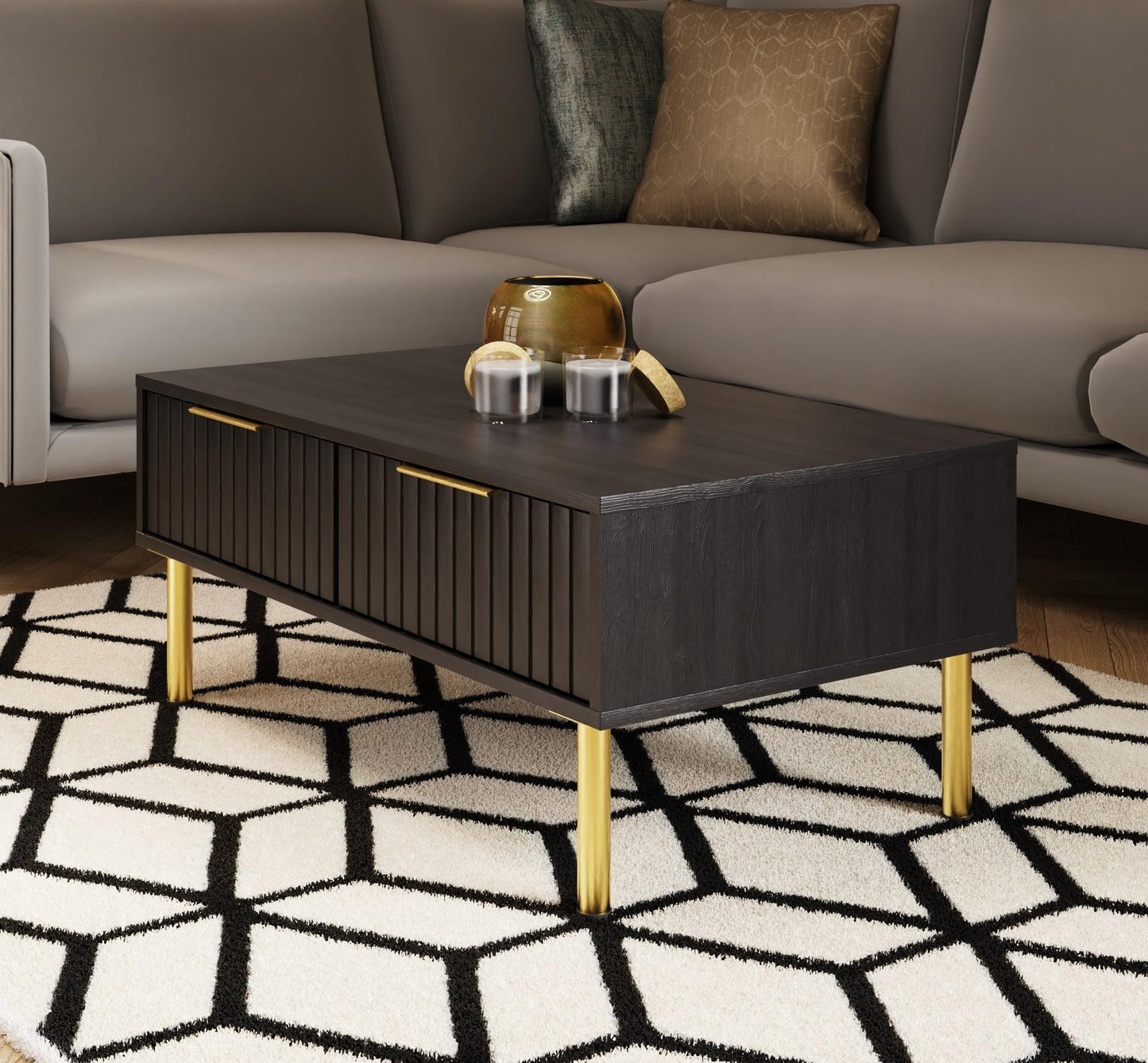 GFW Nervata Coffee Table, Black Coffee Table with 2 Drawers, Art Deco Style Living Room Table with Gold Accents and Wood Grain Texture