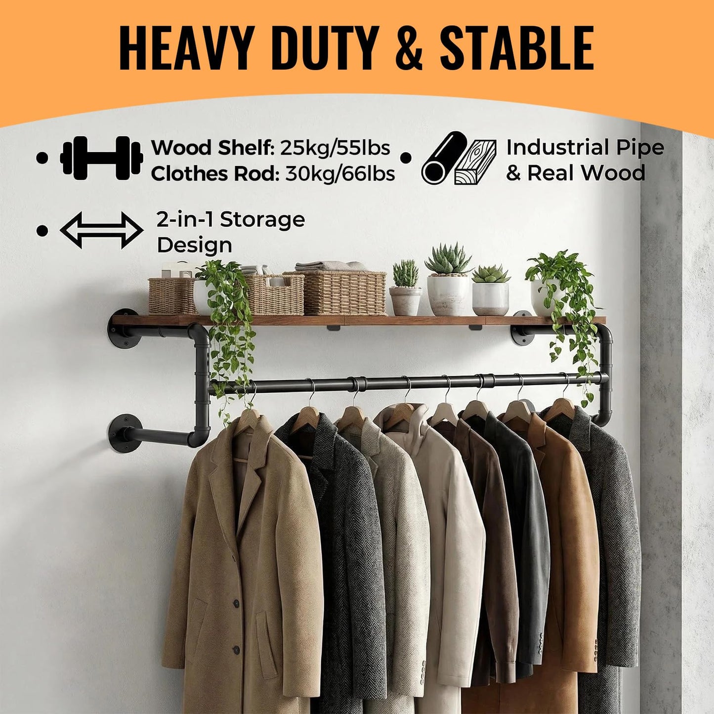 NBOUOU Wall Mounted Clothes Rail, 100cm Industrial Pipe Clothing Rack with Top Shelf, Shelves Clothes Hanging Rail Storage Organizer