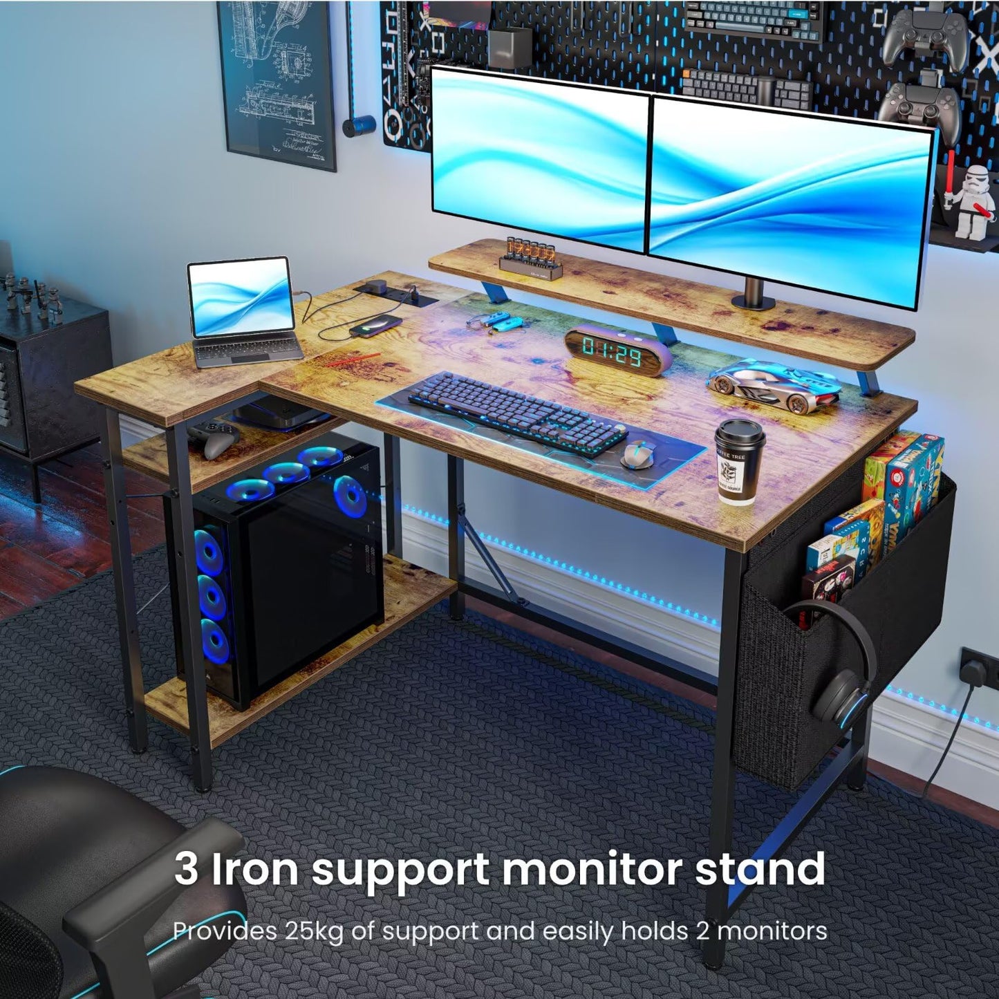 DOMSHOCT L Shaped Gaming Desk with LED Lights & Power Outlets, 140 * 80cm Corner Computer Table with Storage Bag & Adjustable Shelves & Large Monitor