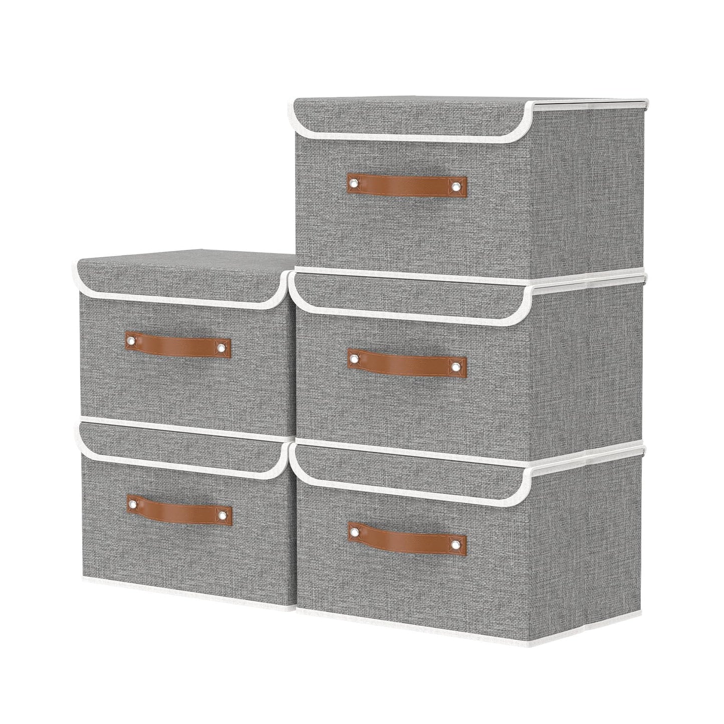 OUTBROS Fabric Storage Boxes with lids, Bins 33x23x20 cm (Grey, 5-Pack)