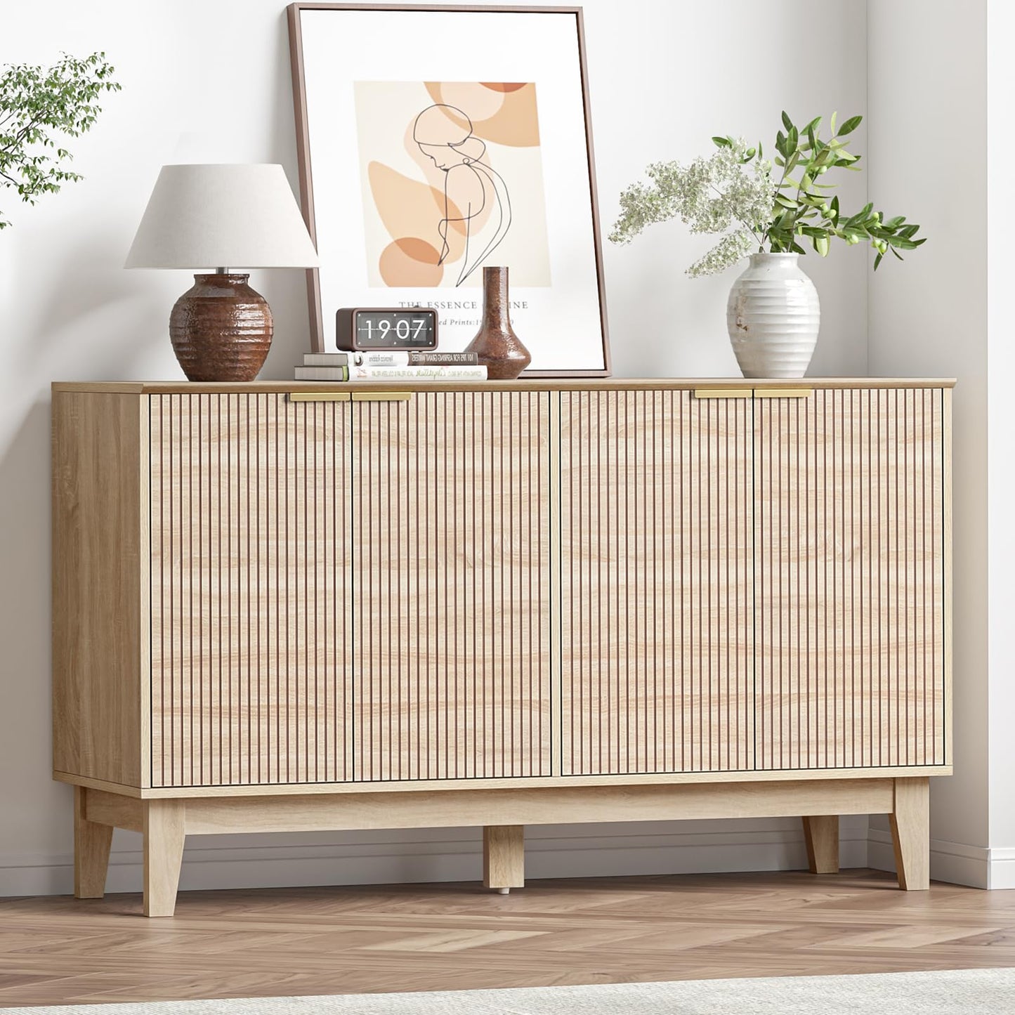 Yvsevnr Sideboards for Living Room, Buffet Storage Cupboards with Adjustable Shelves, 140 cm Kitchen Cabinet with 4 Doors, Anti-tip