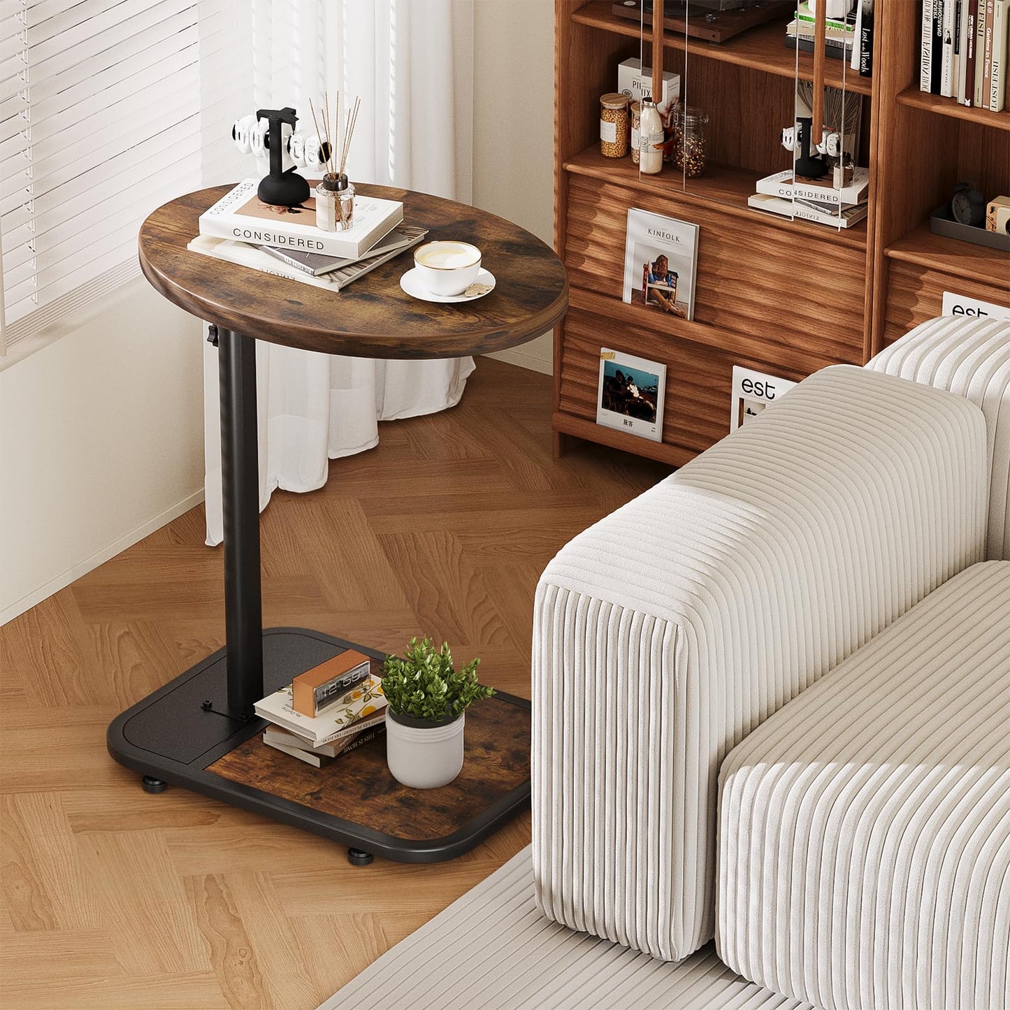 Mutool Lifting Side Table, C Shaped End Table Height Adjustable, TV Tray for Living Room Bedroom Office, Rustic Brown & Black