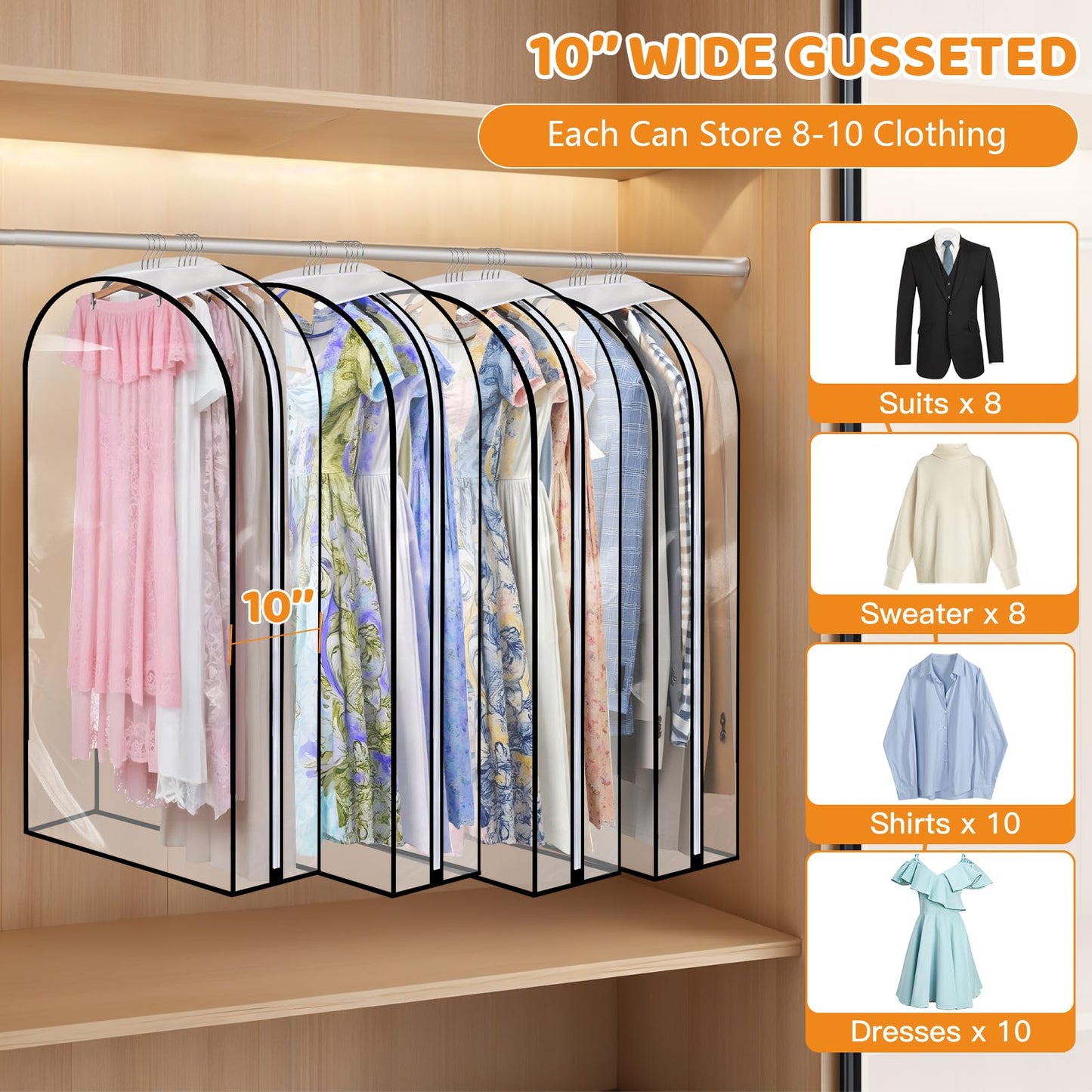 4 Pack Clear Garment Bags, 60 Inch Clothes Covers with 10 Inch Gusset