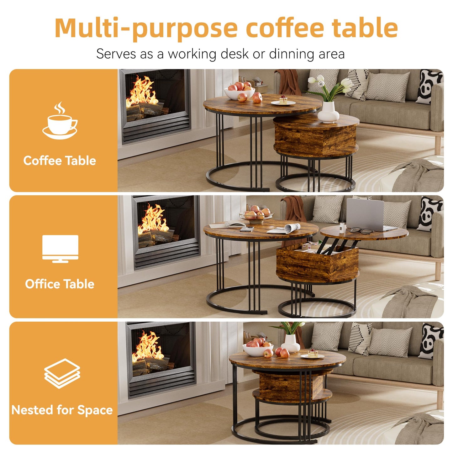 PURFINO Round Coffee Table - 70cm/50cm Nesting Tables Set of 2, Hydraulic Lift-Top with Hidden Storage, Centre Table for Living Room, Small Space