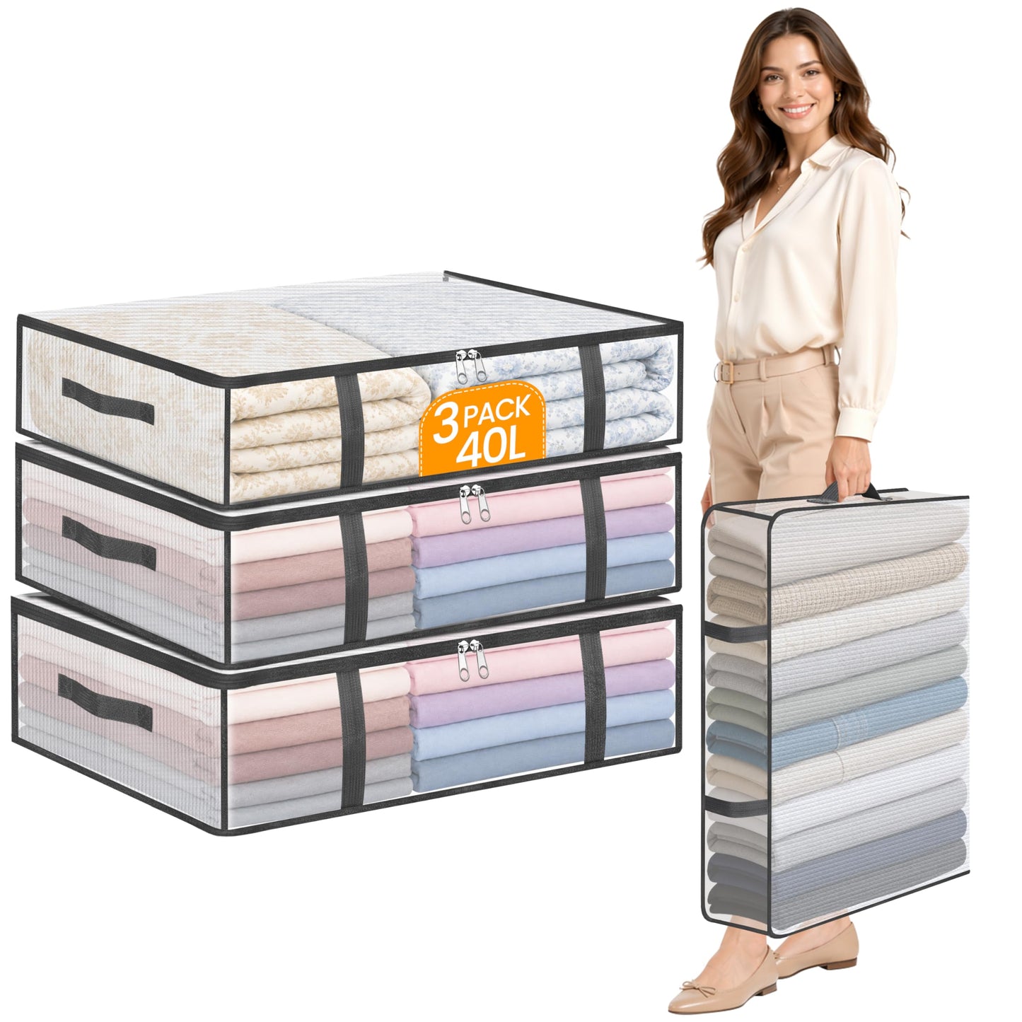 Averrex 3 pack 40L Storage Bags, Clear Under Bed Storage Box with Lids