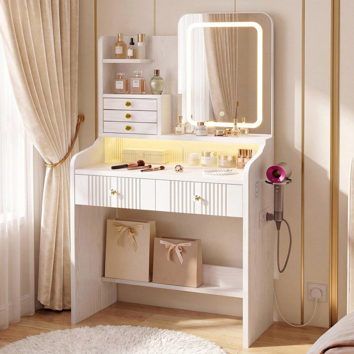 IRONCK Dressing Table with LED Mirror & RGB Lights, Makeup Vanity with Sliding Door Hidden Storage, Power Outlet, Hairdryer Holder