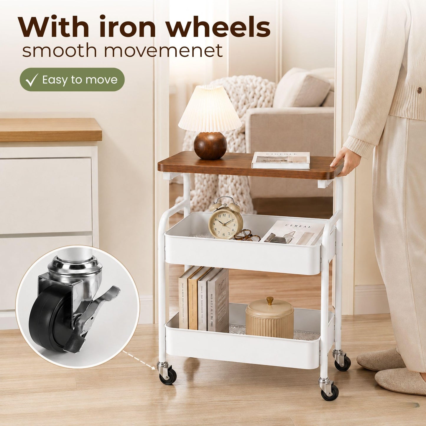 MAGIC SELECT Storage Trolley on Wheels 3 Tier. Rolling Storage Cart with Wooden Top. Metal Storage Trolley Organiser for Kitchen, Bathroom