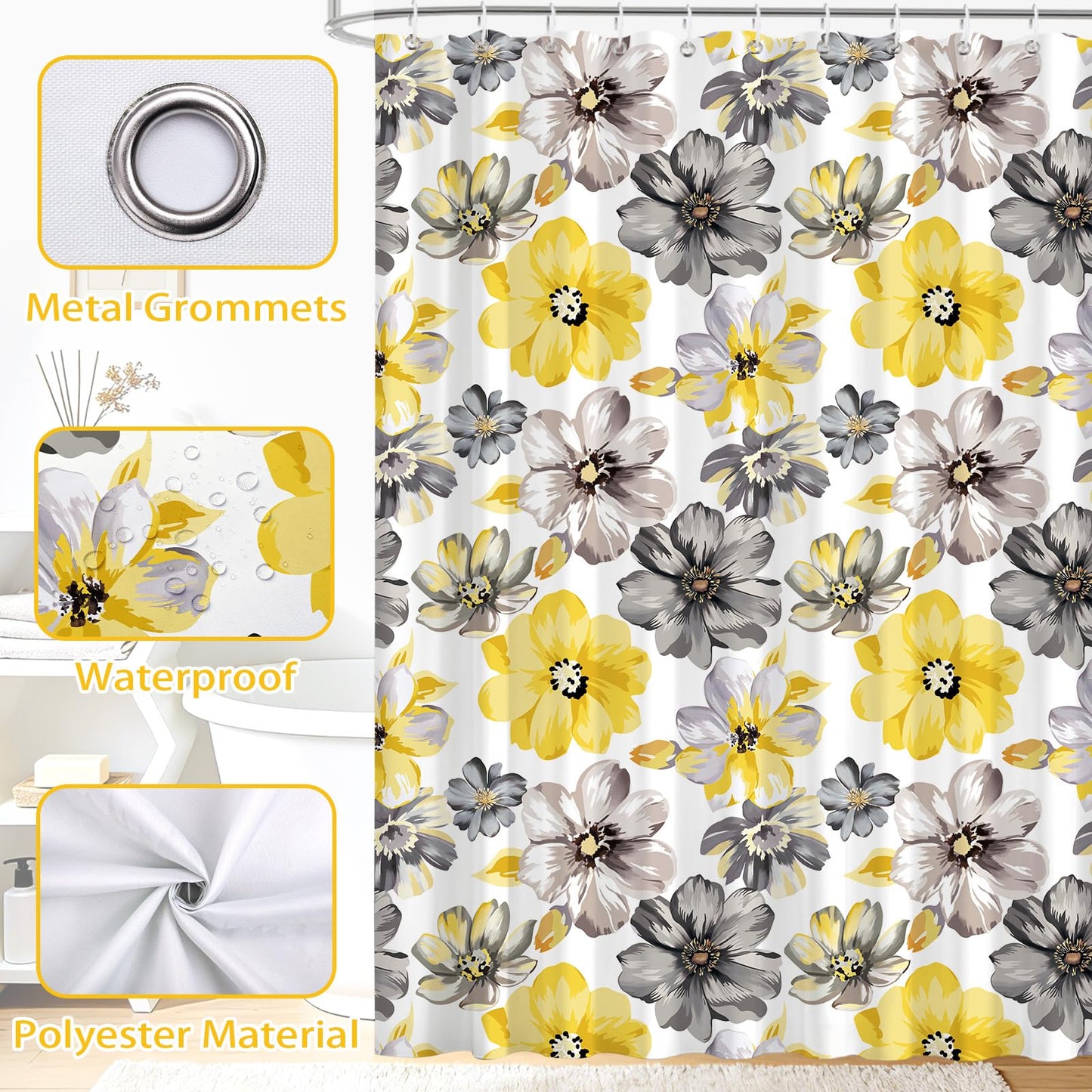 hometrixx Spring Farmhouse Floral Yellow Gray Shower Curtain 180x180cm