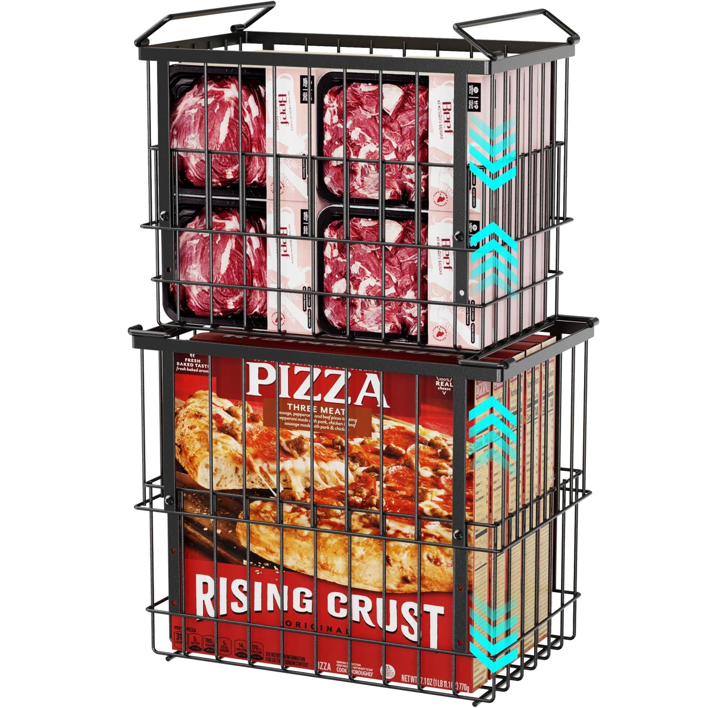iSPECLE Freezer Baskets for Chest Freezers, 2 Pack Fits 12" Pizza Adjustable for 5 to 7 Cu.Ft Chest Freezer, Stackable Wire Baskets with Handles