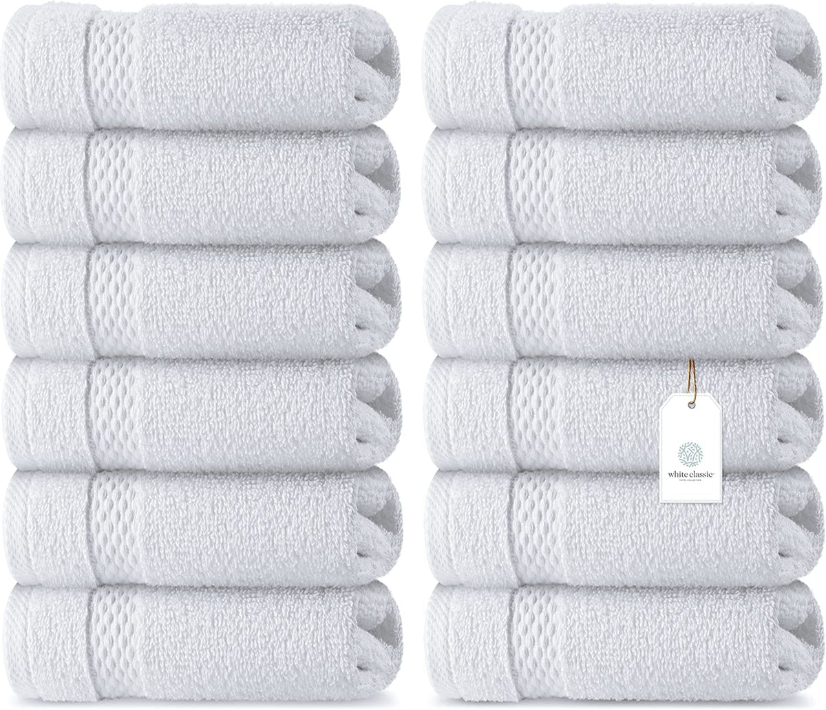 White Classic Luxury Cotton 12 Pc Flannel Set, Hotel Style Small Bath Towel Face Cloth 33x33 cm, Soft Plush White Flannels Pack of 12