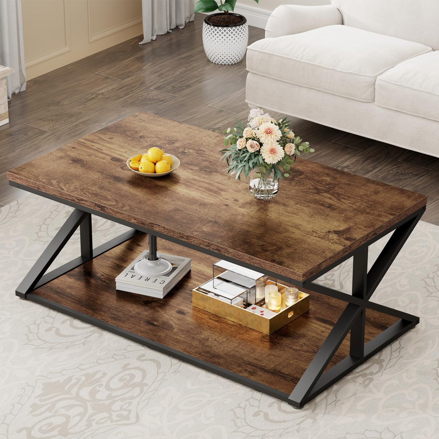 HSH Rustic Coffee Table, Farmhouse Coffee Tables for Living Room, Rectangle Wooden Center Tables with Storage