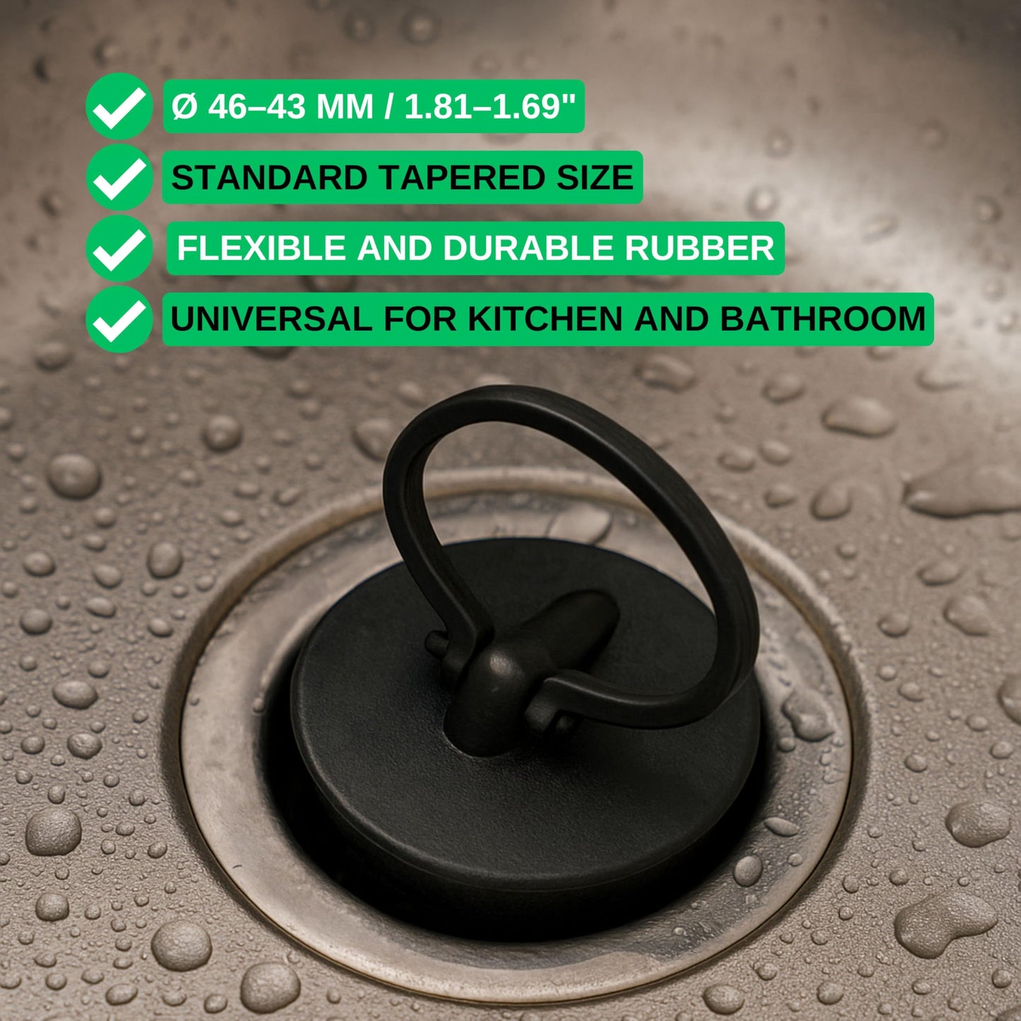 Universal stopper, 2 pieces, in black, Ø 46 on 43 mm top on bottom, PVC drain stopper for 1 3/4" inch valve tops, drain stopper sink, sink stopper