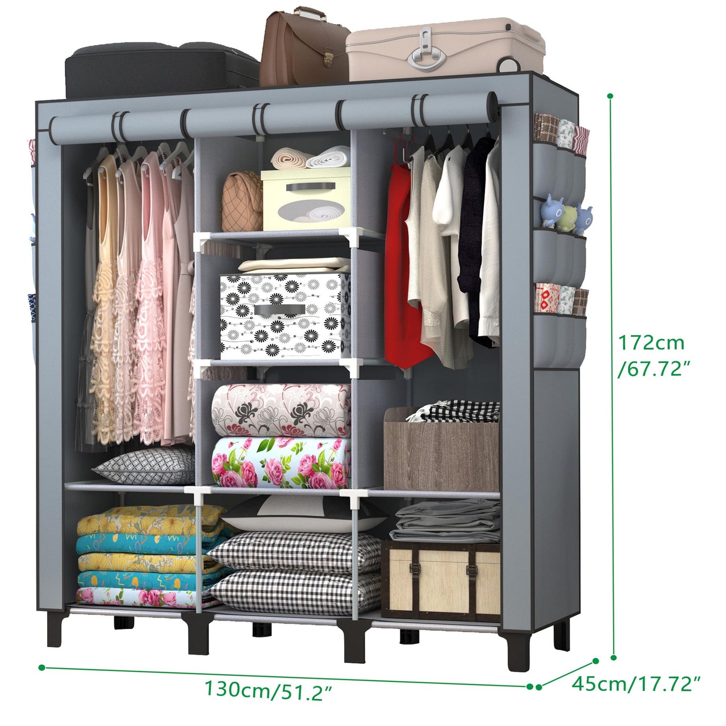 chunyangjingpin Portable Closet with 2 Hanging Rails & 8 Shelves, Bedroom Wardrobe with 18 Side Pockets, Foldable Garment Organiser (Grey)