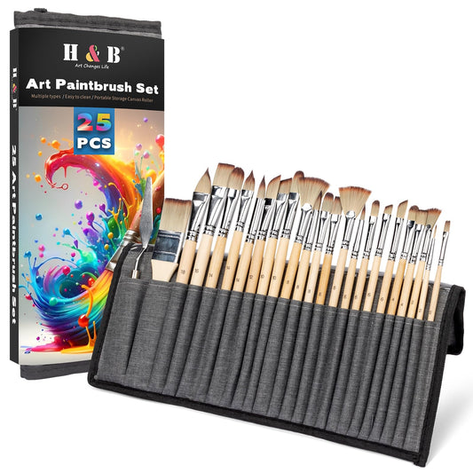 H&B 25pcs Professional Paint Brushes Set for Acrylic, Oil, Watercolor - Synthetic Hair Artist Brushes with Fine Detailing - Canvas, Wood, Ceramics Kit