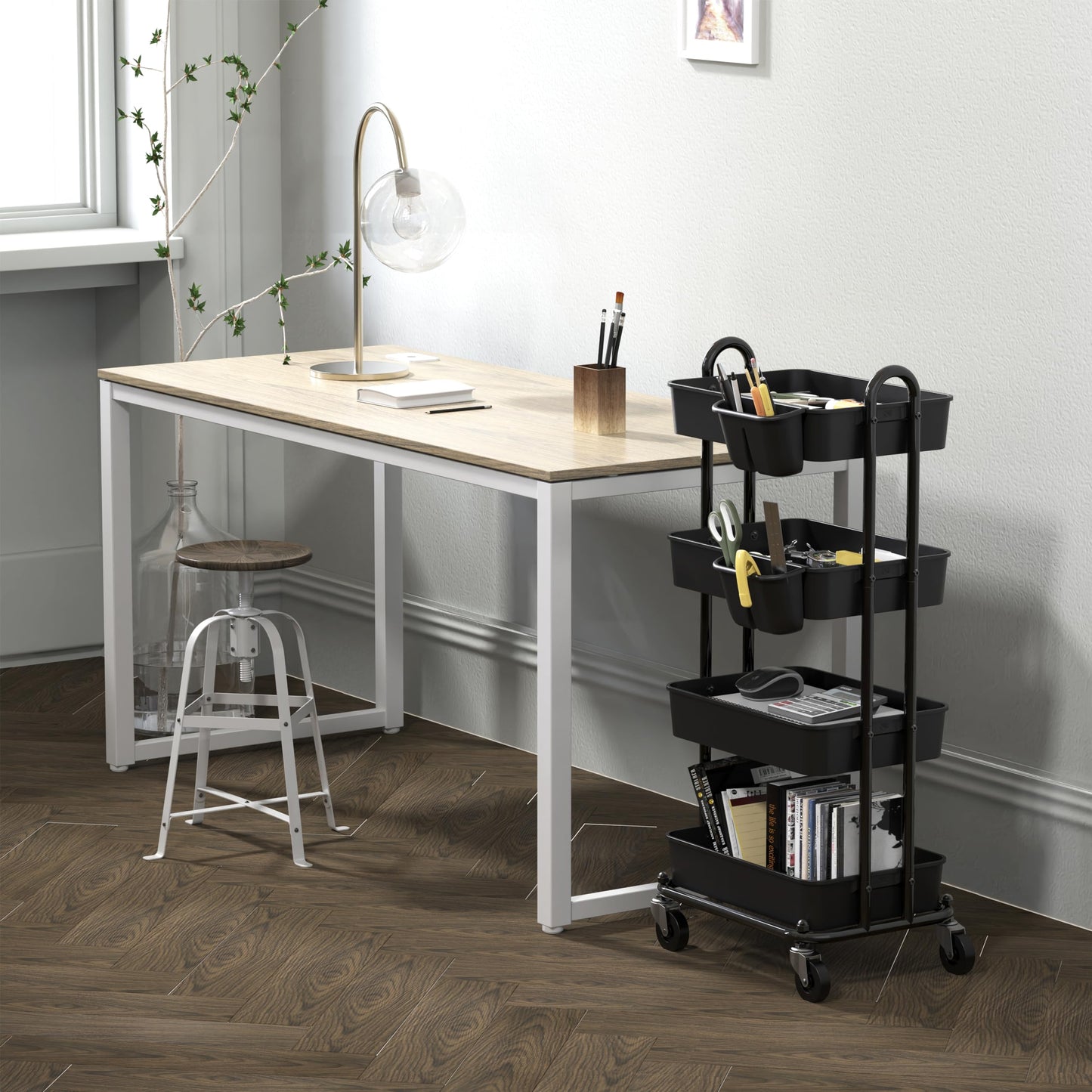 Simple Houseware 4-Tier Multifunctional Rolling Utility Cart with Basket Dividers and Hanging Buckets, Black